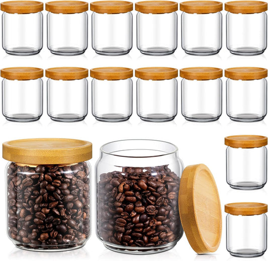 Irenare 16 Pcs 17 oz/ 500 ml Glass Canister Food Airtight Sealed Clear Borosilicate Glass Storage Jars with Lids Kitchen Spice Containers for Serving Coffee Sugar Tea Beans Candy Nuts Pantry (Bamboo)