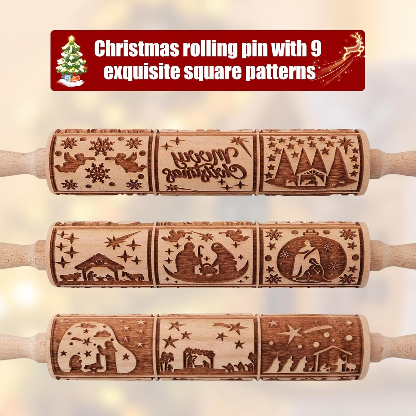 17" Premium Wood Rolling Pin with Nativity Embossed Designs | 3mm Deep Springerle Cookie Molds | Christmas Rolling Pin & Baking Gifts for Women | Includes 3-in-1 Cleaning Brush ﻿