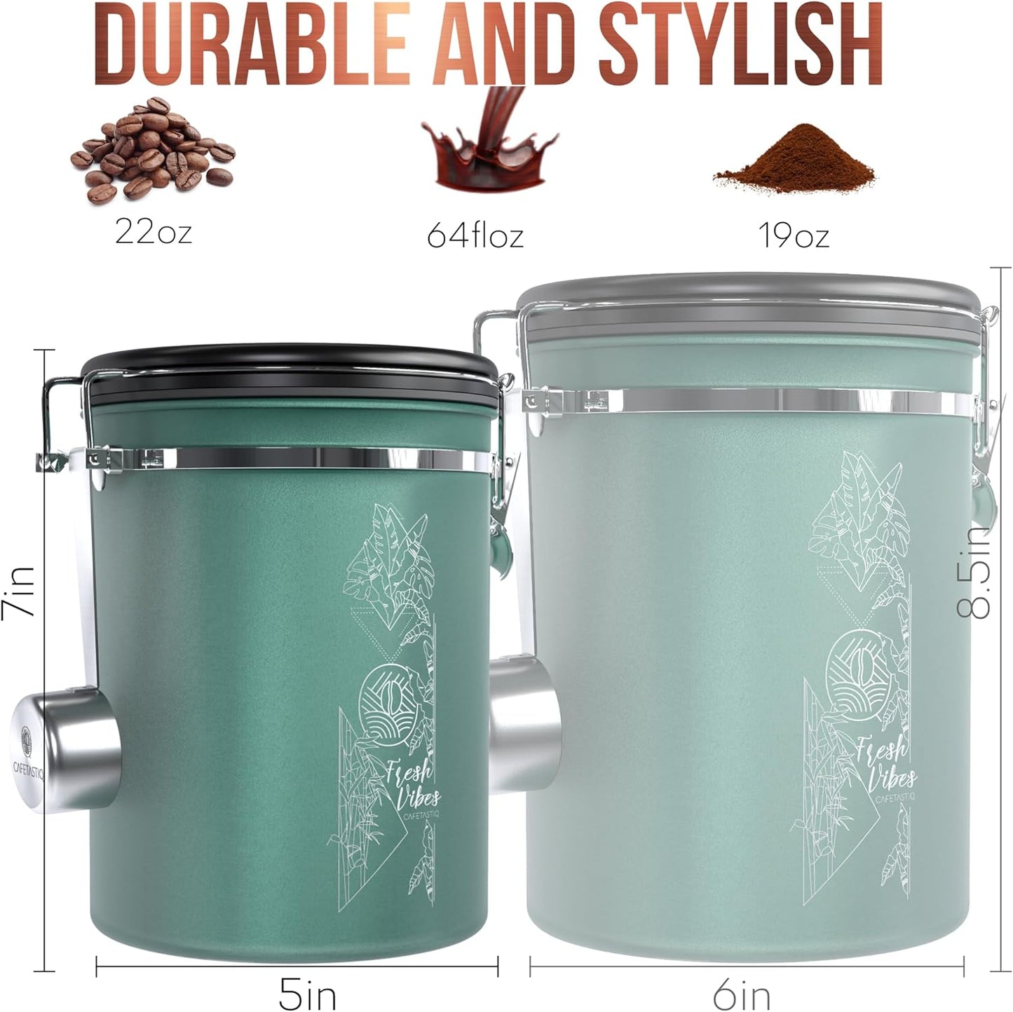 38oz / 22oz Coffee Canister – Airtight Stainless Steel Storage Container with Date Tracker & Scoop, Sealed Jar for Grounds, Beans, Tea, Flour, Cereal, and Sugar (Green Vibes, 22OZ)