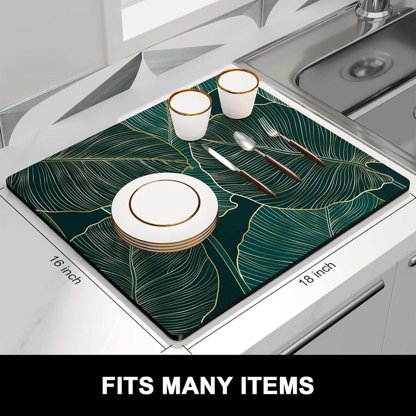 Rnivvi Dish Drying Mat for Kitchen Counter, 16 x 18" Boho Theme Absorbent Heat Resistant Drying Pad with Non-slip Rubber, Coffee Bar Mats for Dish Rack Kitchen Decor Accessories, Tropical Palm