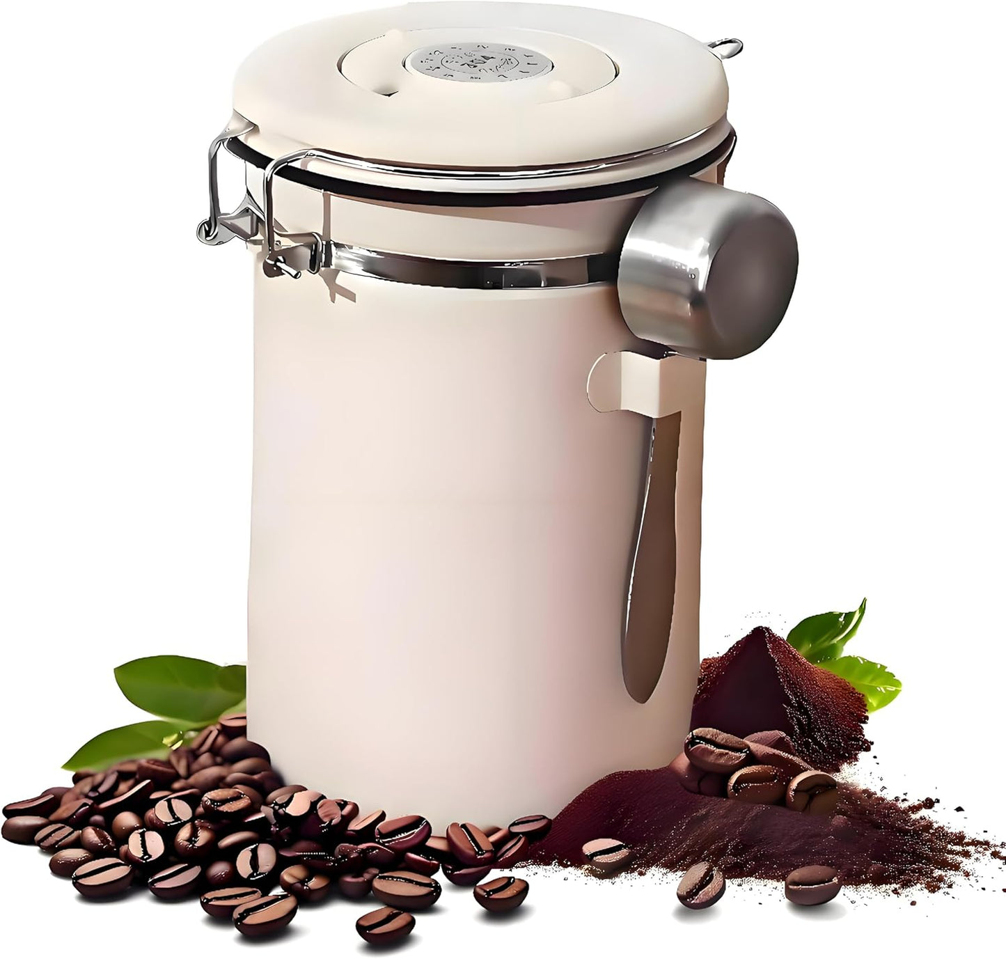Coffee Canister, Stainless Steel Coffee Bean Storage Container with Date Tracker and Scoop, Kitchen Food Container for Grounds Coffee, Beans, Tea, Flour, Cereal, Sugar, 22OZ (1800ML | Beige)
