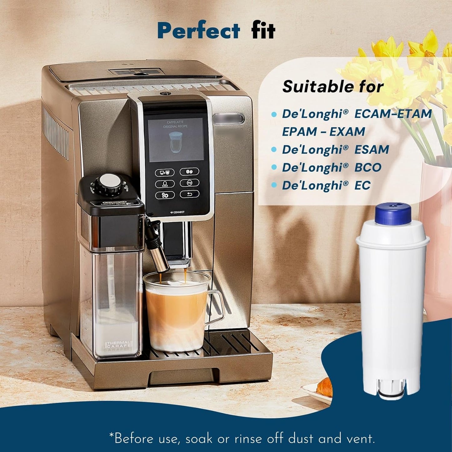 Coffee Machine Fitler, Delonghi Filter Replacement for DeLonghi DLSC002, Delonghi Magnifica Evo, Dinamica Plus, ESAM, ETAM, BCO, EC. Activated Carbon Water Filter Cartridges Softener (6 Pcs)