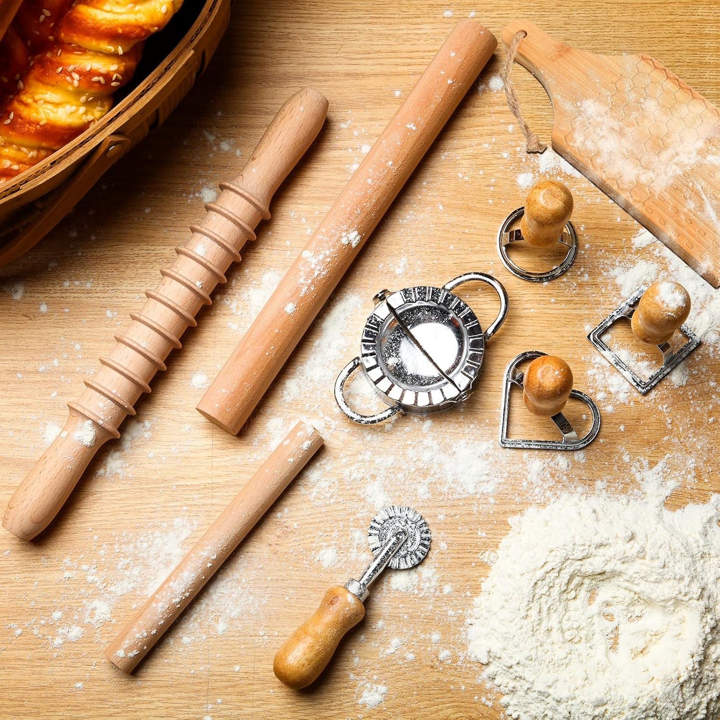 9 Pcs Gnocchi Pasta Making Tools kit - Gnocchi Board, Pasta Cutter, Ravioli Stamp, Wood Threaded Pasta Roller Pin Set, Noodle and Dumplings Maker, Homemade Kitchen Gift for Pasta Lovers