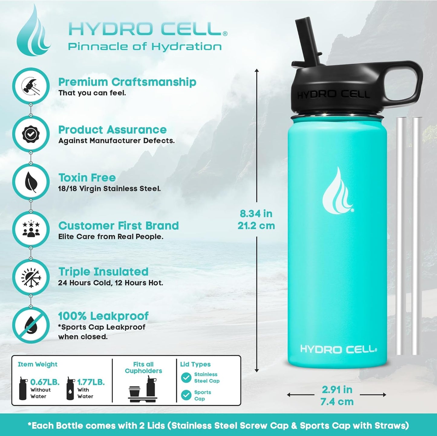 HYDRO CELL Stainless Steel Sport Water Bottle with Straw - Keeps Drinks Cold & Hot via a Leak Proof Metal Triple Insulated Vacuum Flask for All Sports and Outdoors Activities (Teal 18oz)