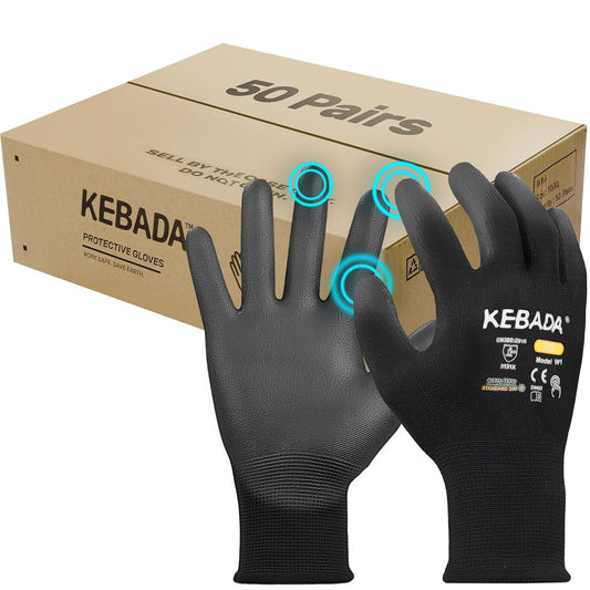 Kebada W1 Safety Work Gloves, PU Coated Touch Screen Work Gloves with Grip, Bulk Pack Working Gloves for Warehouse, Construction, Gardening and Mechanic Use, Black, 50 Pairs, Large