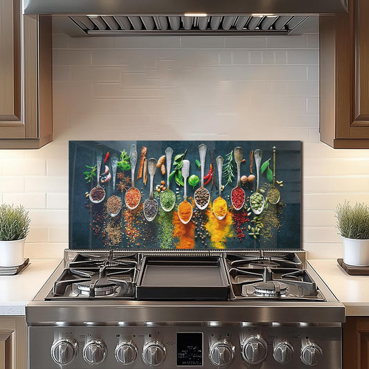 DAIFURONGE Spice Tempered Glass Backsplash For Kitchen Behind Stove,Stove Backsplash Top Cover,Easy to Clean Glass Splashback, Sink Cover Splash Guard,Home Kitchen Wall Decor (30"x14"(76.2x35.56cm))