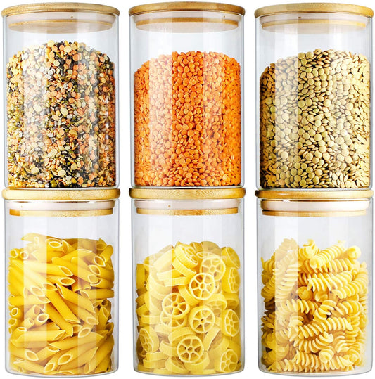 Glass Jars with Bamboo Lids (27oz in 6 Pack), Glass Food Jars and Canisters Sets, Food Storage Container with Airtight Lids, Food Pantry Jars,