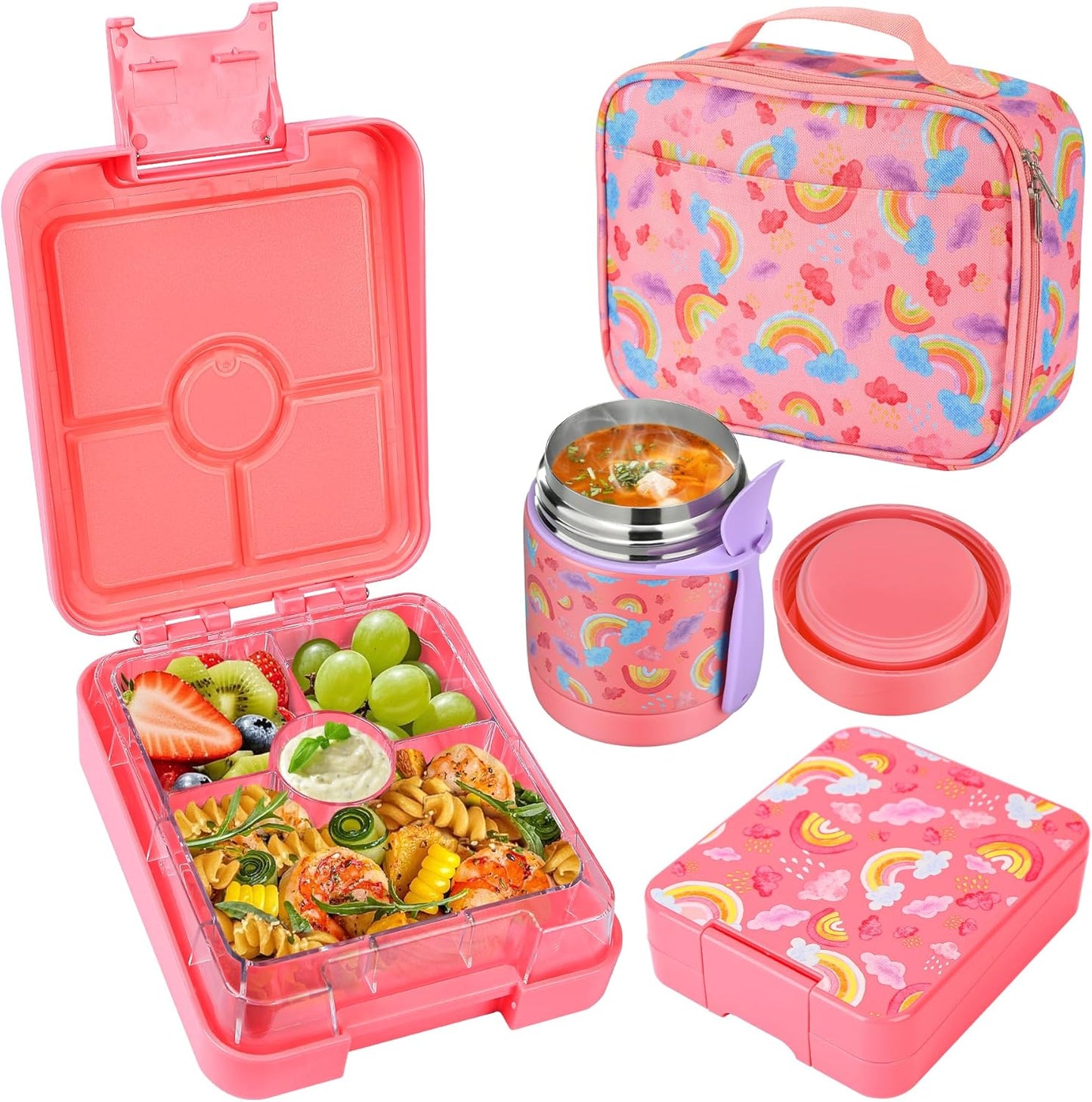 Bento Lunch Box Set With 10oz Soup Thermo, Leak-proof Lunch Containers with 4 Compartment, Kids Hot Thermo Food Jar/Insulation Lunch Bag, Food Containers for School（Rainbow）