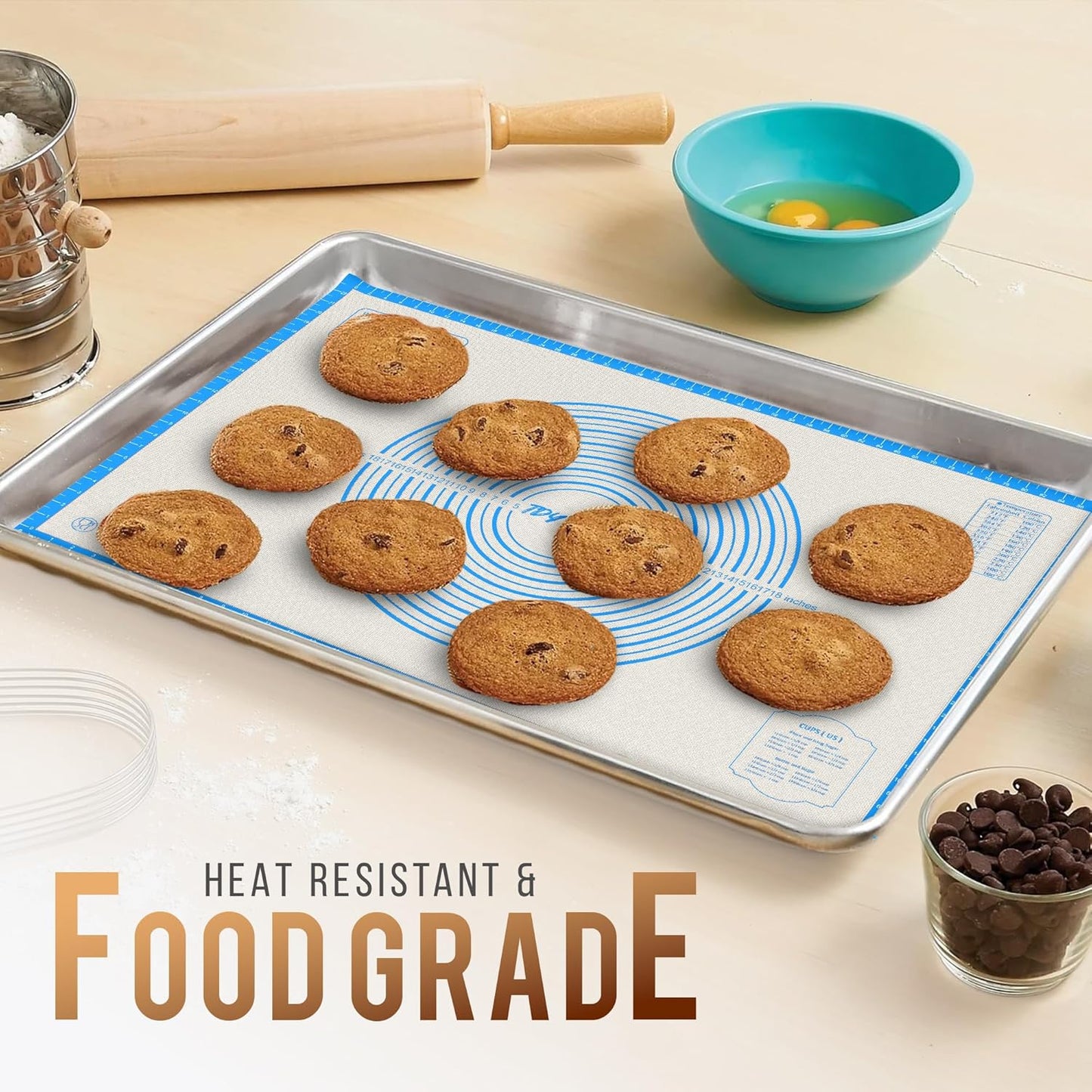 36 * 24 inches Blue, Non-Slip Silicone Baking Sheets - Baking Mat with 0.7mm Thickness - Non-Stick Pastry & Cookie Mat for Kitchen Counter for Rolling Out Dough with Measurements.