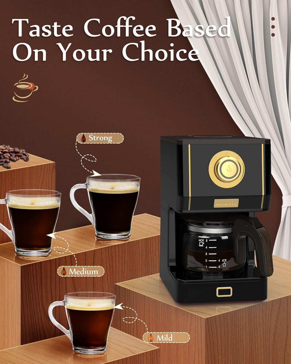 Amaste Coffee Maker, 25 Oz Drip Retro Style Coffee Machine with Glass Coffee Pot with Reusable Coffee Filter & Three Brewing Modes, 30minute-Warm-Keeping, CM 1003AE-Black