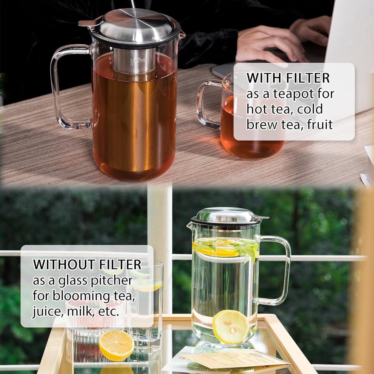 Aquach 51oz Glass Teapot with Stainless Steel Removable Infuser, Stovetop & Dishwasher Safe, Ideal for Loose & Blooming Tea Brewing