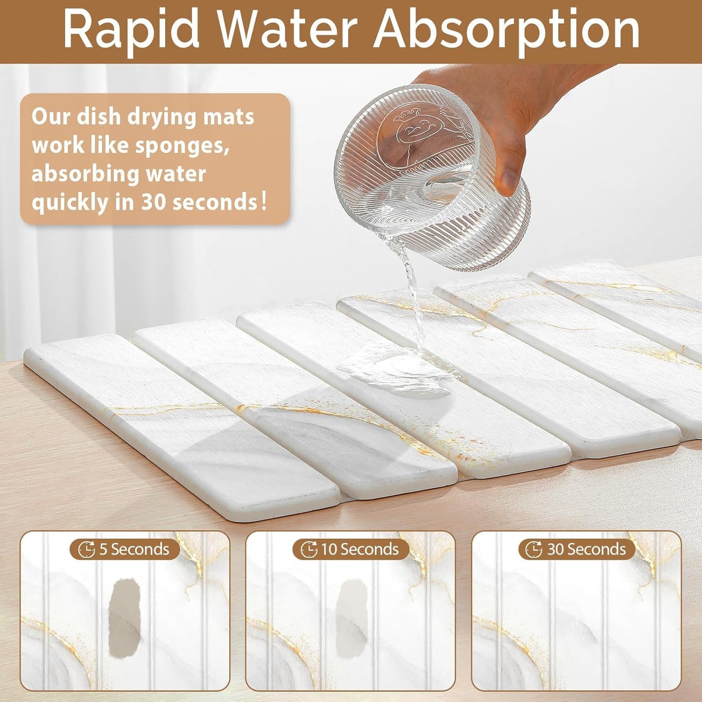 2 PCS Stone Dish Drying Mat for Kitchen Counter,Quick Dry Stone Dishes Mats,Marbled Water Absorbing Diatomaceous Earth Drying Pad for Countertop Bottles Utensils Cups(Gold White 16"×12" & 8"x4")