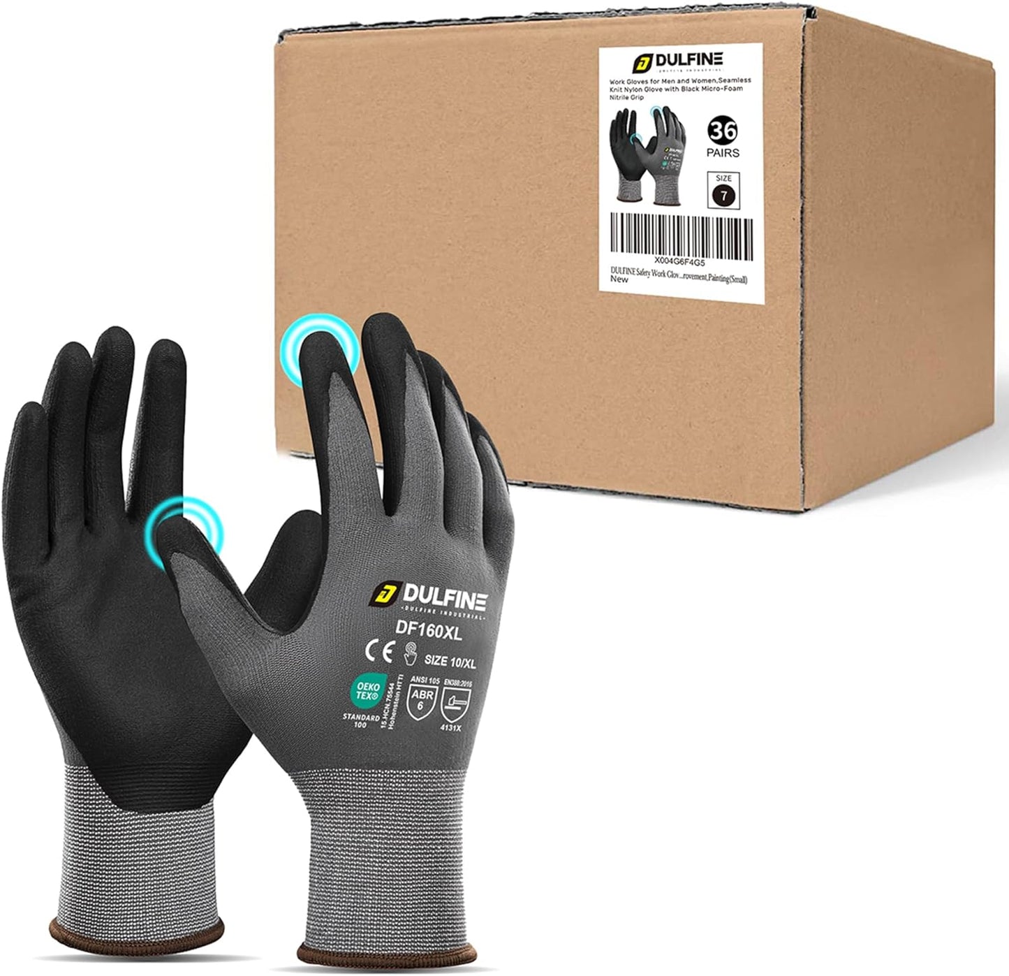 DULFINE Safety Work Gloves MicroFoam Nitrile Coated-36 Pairs Pack,Seamless Knit Nylon Glove with Black Micro-Foam Nitrile Grip,Ideal for General Purpose,Automotive,Home Improvement,Painting(X-Large)