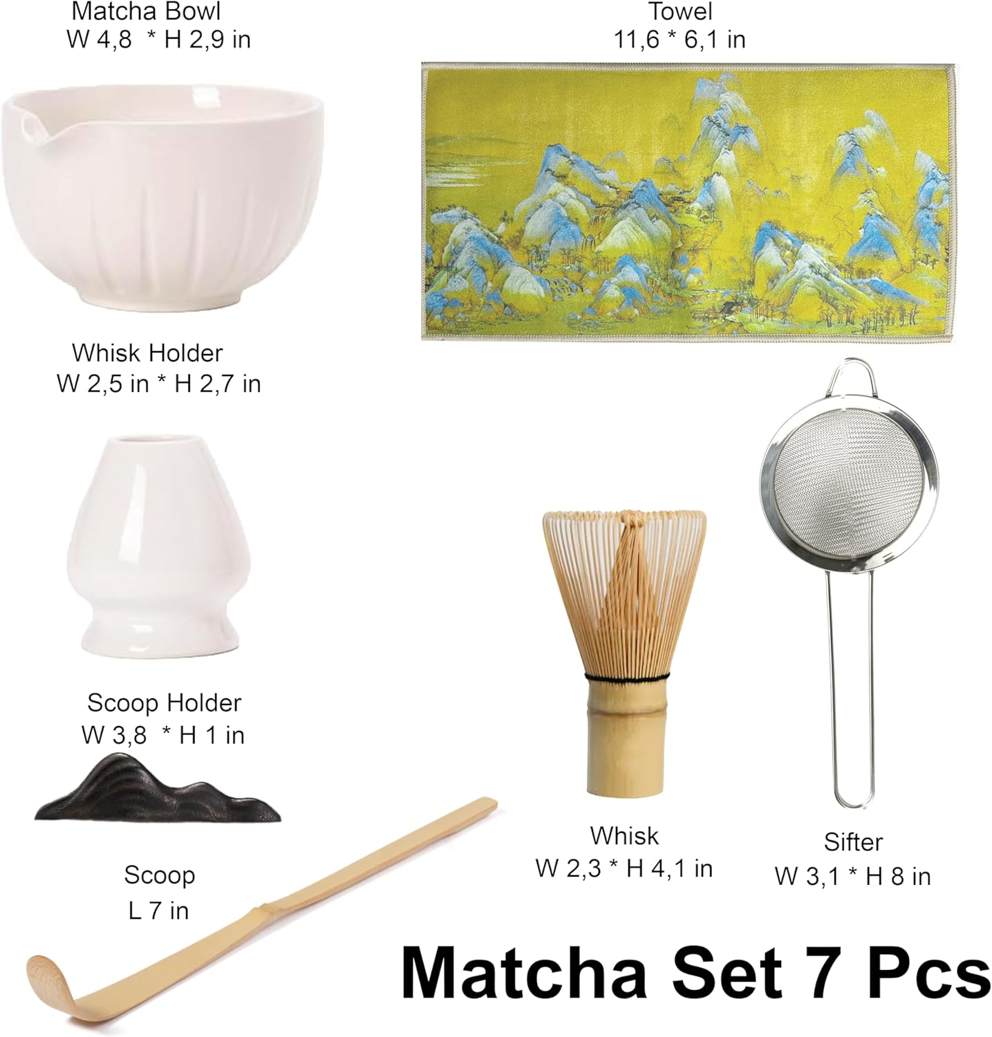 Matcha Whisk Set – 7 Pcs Japanese Matcha Kit, Bowl (Chawan) with Spout, Bamboo Whisk (Chasen) & Holder, Scoop (Chashaku), Sifter, Tea Towel – Perfect for Matcha Lovers & Tea Ceremony (White)