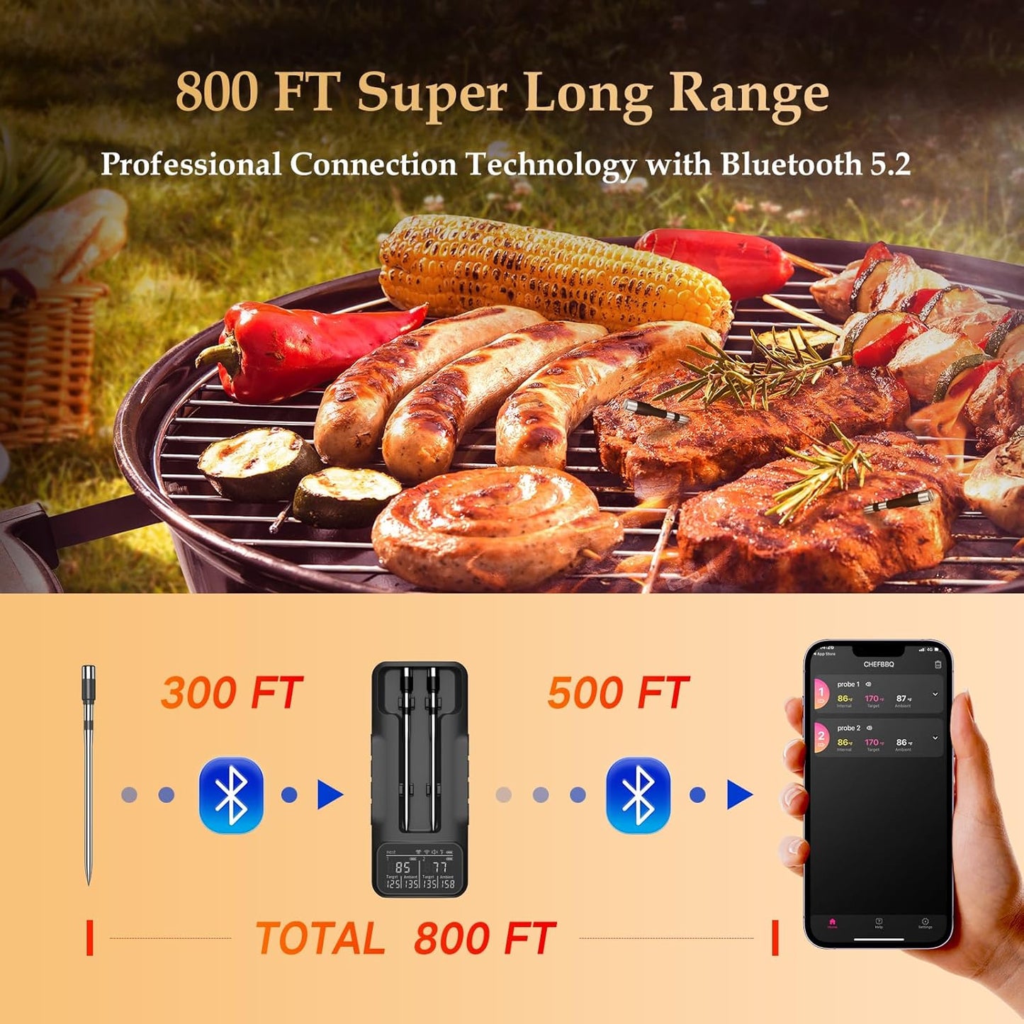 800FT Smart Wireless Meat Thermometer with Digital Meat Probe, Bluetooth Meat Thermometer with App Host Control for Barbecue, Outdoor Grilling, Oven & Smoker (Two*Probe-02)