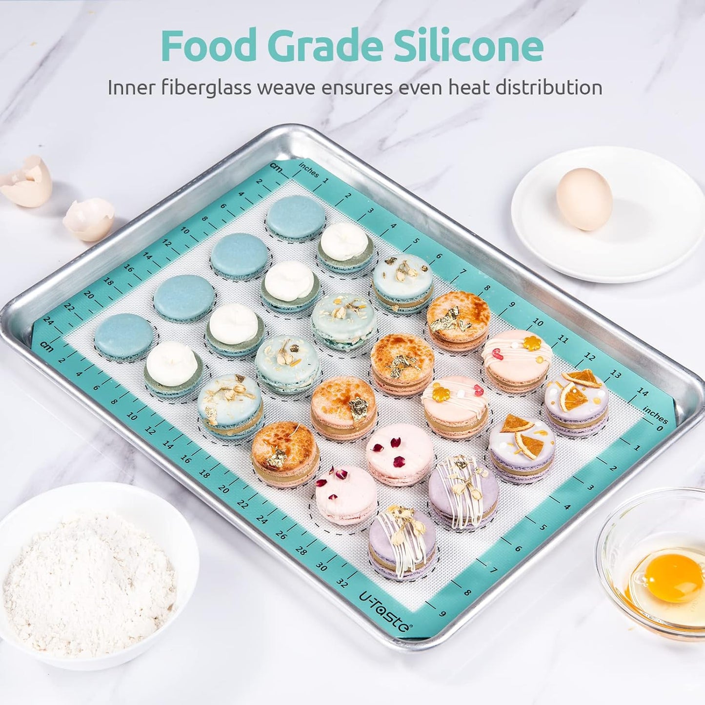 446ºF Heat Resistant Macaron Mat: U-Taste 14.17x9.44in Non Stick Silicone Baking Mat, Reusable Cookies Pastry Sheet Liner with Edge Enhancement & Circle Measurement for Cake Pan (Aqua Sky)