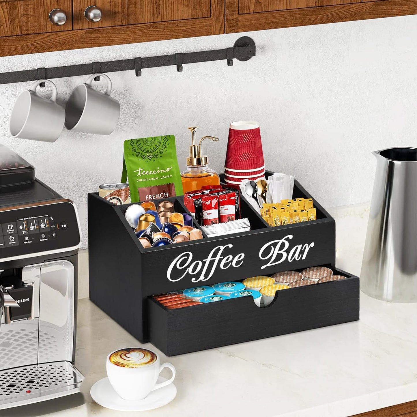 Farmhouse Wooden Coffee Bar Organizer - Countertop Station With Drawer, Pods Holder & Storage Basket