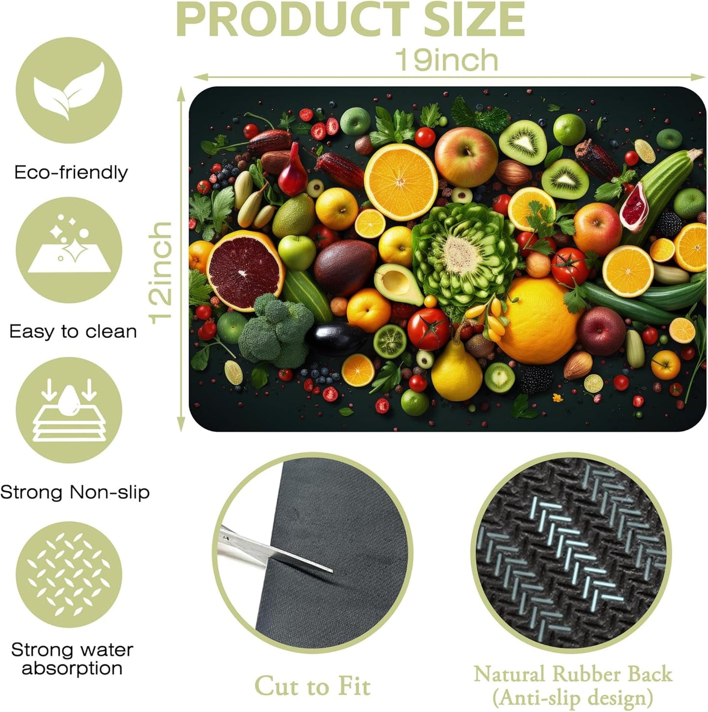 Kitchen Mat Fruits Vegetables Dish Drying Mat 12"x19" Bsorbent Coffee Maker Mat for Sink Dishes or Under Rack Kitchen Counter Accessories Absorbent Hide Stain Rubber Backed Dish Drying Pad