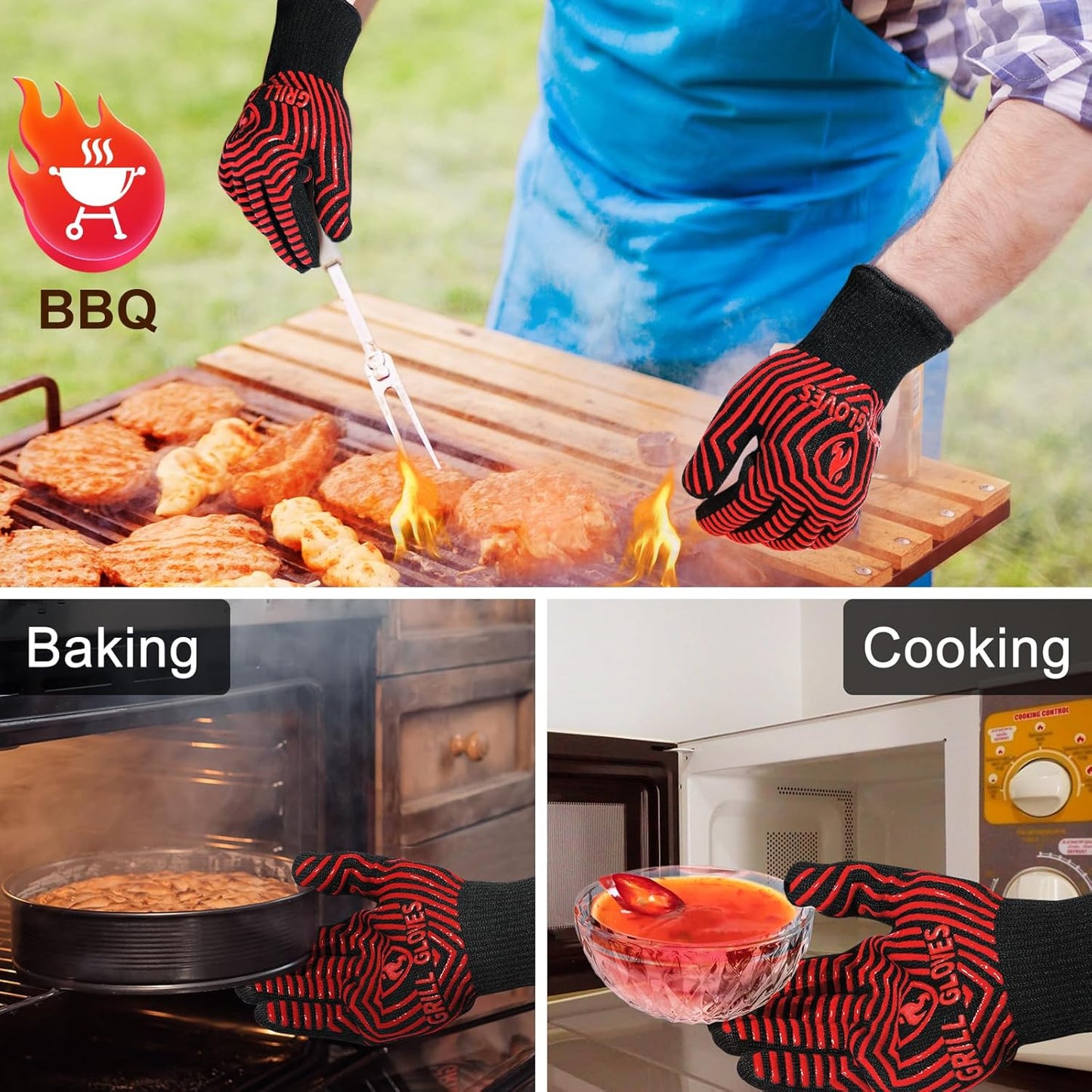 QUWIN BBQ Gloves, BBQ Accessories 1472℉ Extreme Heat Resistant, Grilling Gloves Silicone Non-Slip Oven Mitts, Kitchen Gloves for BBQ, Grilling, Cooking, Baking-1 Pair 11inch, Red