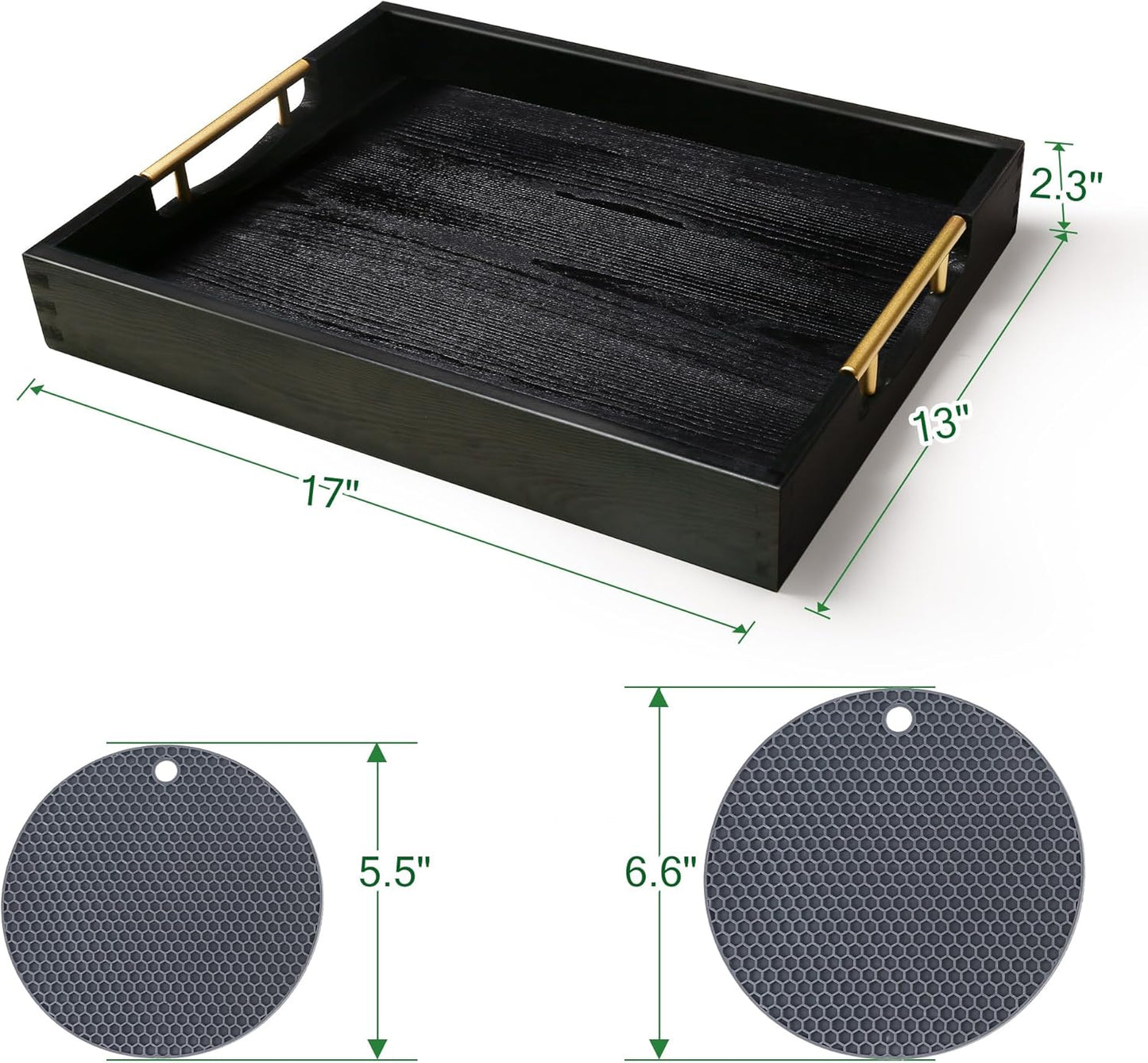 LotFancy Wood Serving Tray, 17x13”, Large Ottoman Tray with Metal Handles, Decorative Wooden Tray for Living Room, Ottoman, Coffee Table, 2 Skidproof Coasters Included, Black