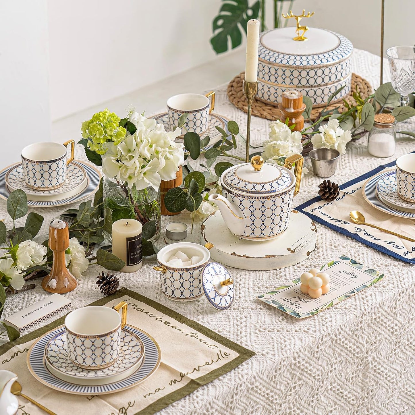 CwlwGO- Bone China Tea Cup Sets,15-Pieces Tea Cup and Saucer Set Service For 4 Whit 28 Ounces Teapot,Sugar Bowl,Creamer Pitcher and Spoons, Tea Gifts Sets For Women Patry.