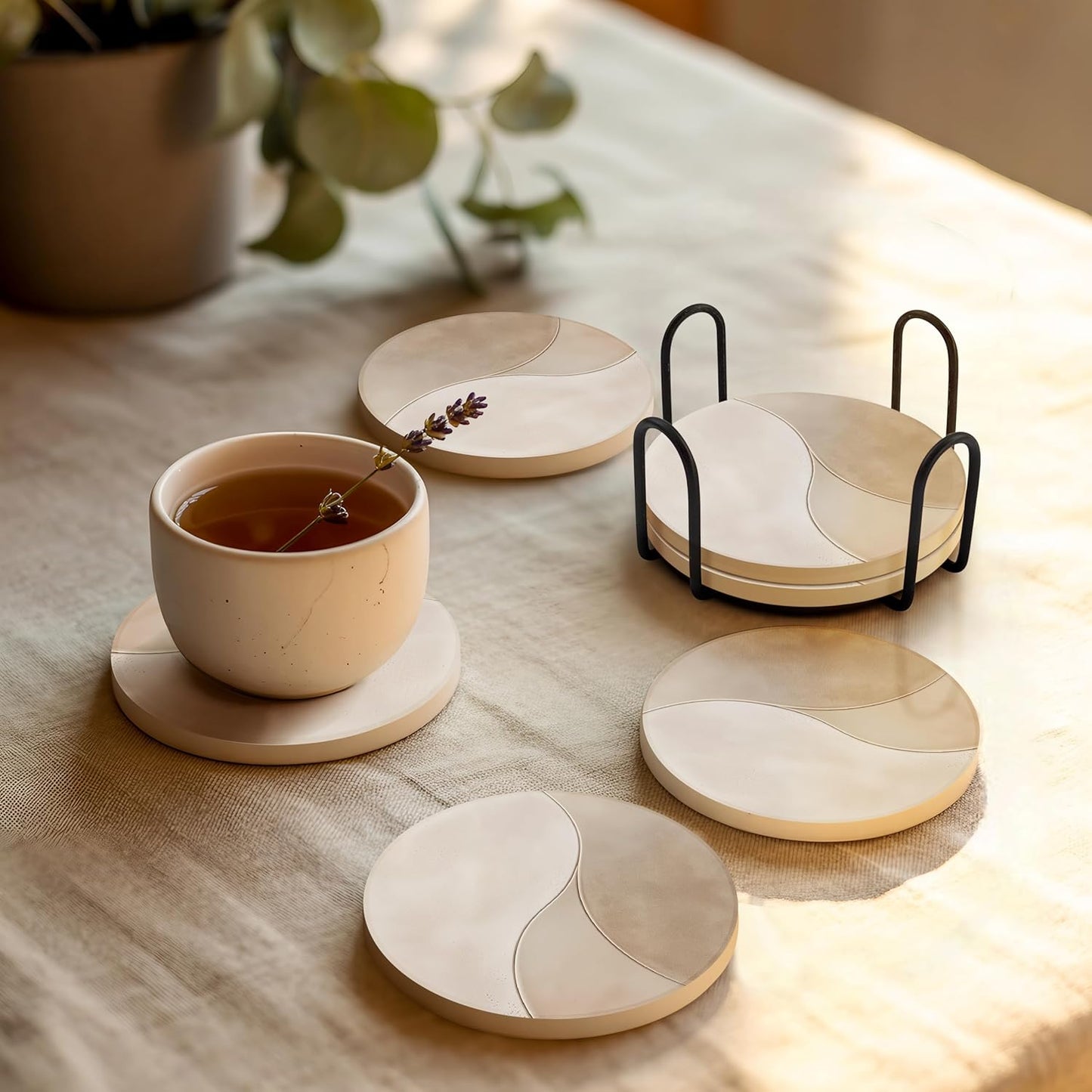 VEYRO Coasters Set of 4 for Drinks – Absorbent Ceramic Stone Drink Coasters with Cork Backing for Coffee Table & Desk, Modern Marble Look Cup Coaster Set, Housewarming Gift for New Home