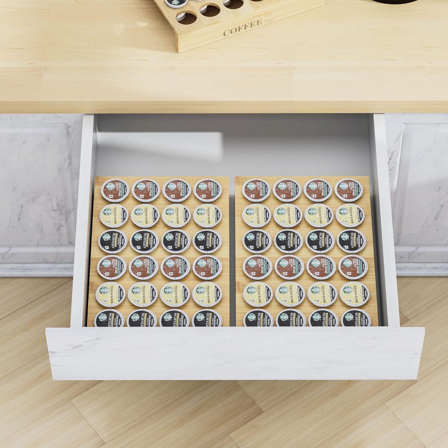 MinBoo BamBoo k cup holder Drawer or Countertop k cup Organizer Coffee Pod Holder Hold 24 Coffee Pod Storage Kcup coffee pods holder for coffee station Office and Kitchen k cup storage