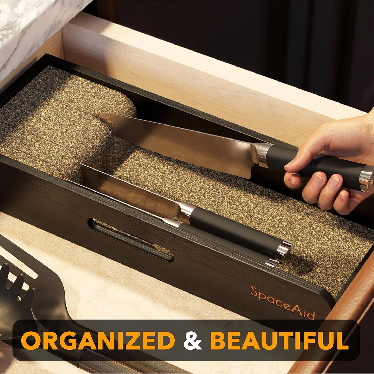 SpaceAid Knife Drawer Organizer Bamboo Insert Dock, Kitchen Steak Knives Holder Organizers Block for Drawer in Storage Organization (Small, Black)