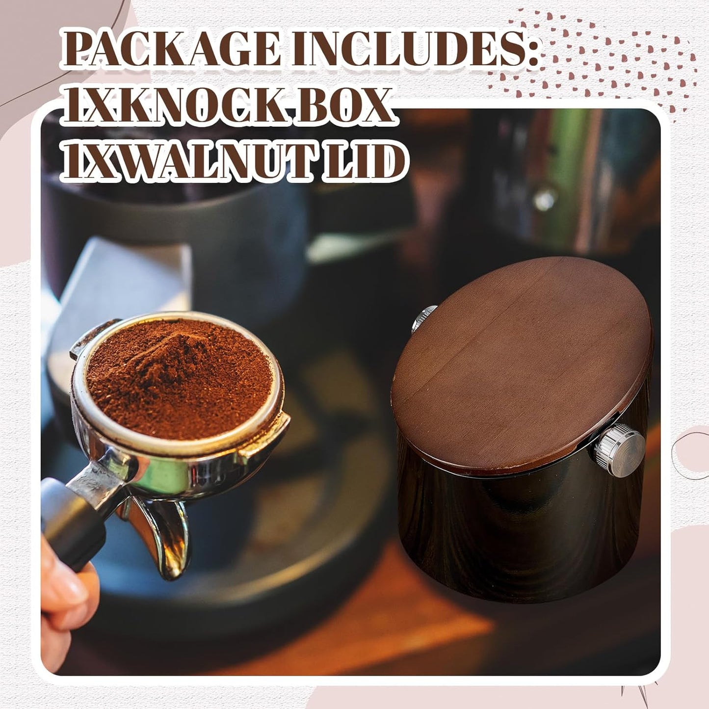 Espresso Knock Box with Walnut Lid for Coffee Grounds, Espresso Machine Accessory, Easy Disposal of Coffee Pucks, Removable Knock Bar(Black)