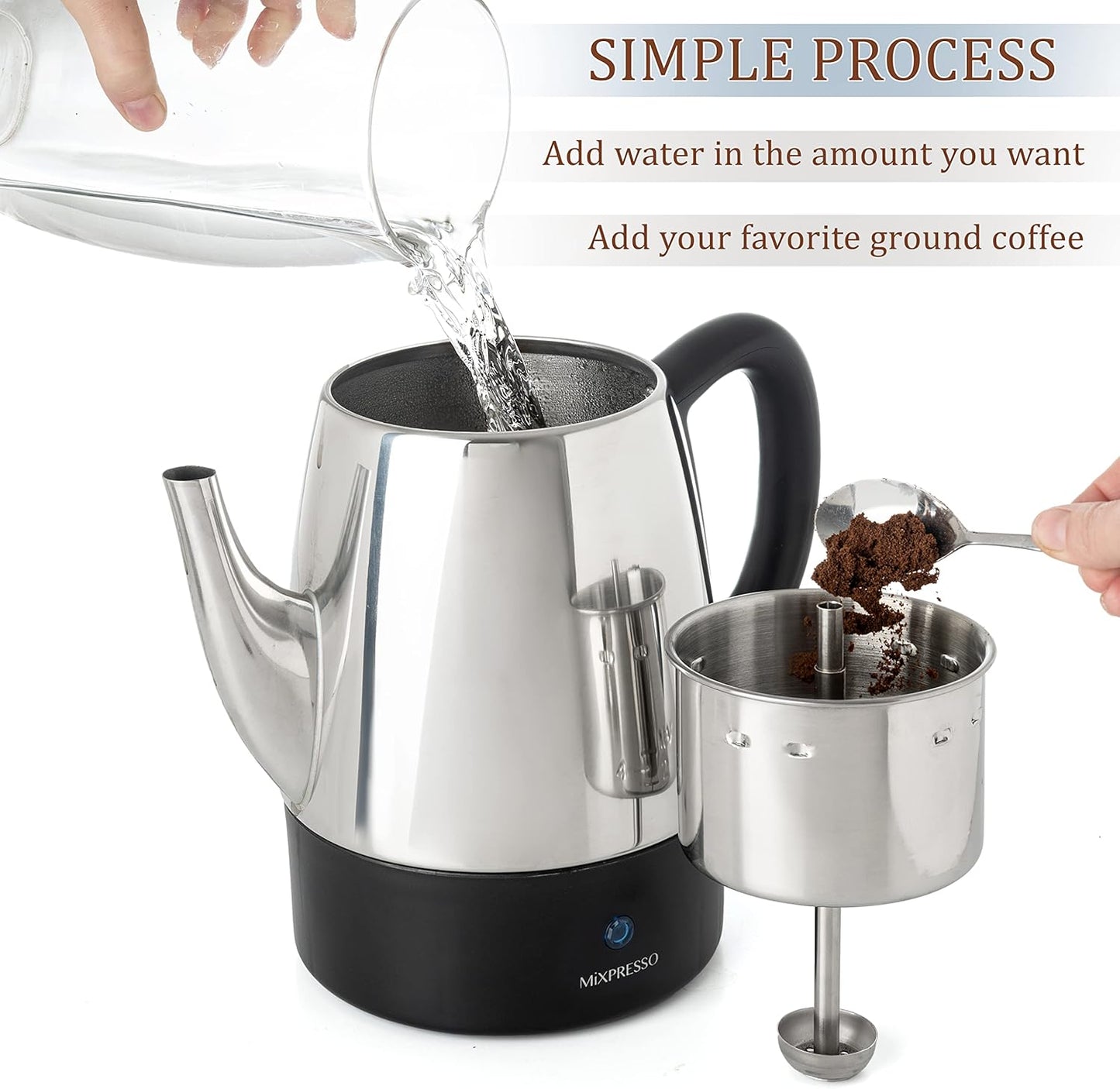 Mixpresso Small Percolator Coffee Pot Electric 4 Cup, Stainless Steel Coffee Maker, Coffee Percolator Electric With Keep Warm Function, 4 Cups Stainless Steel Perculator With Basket