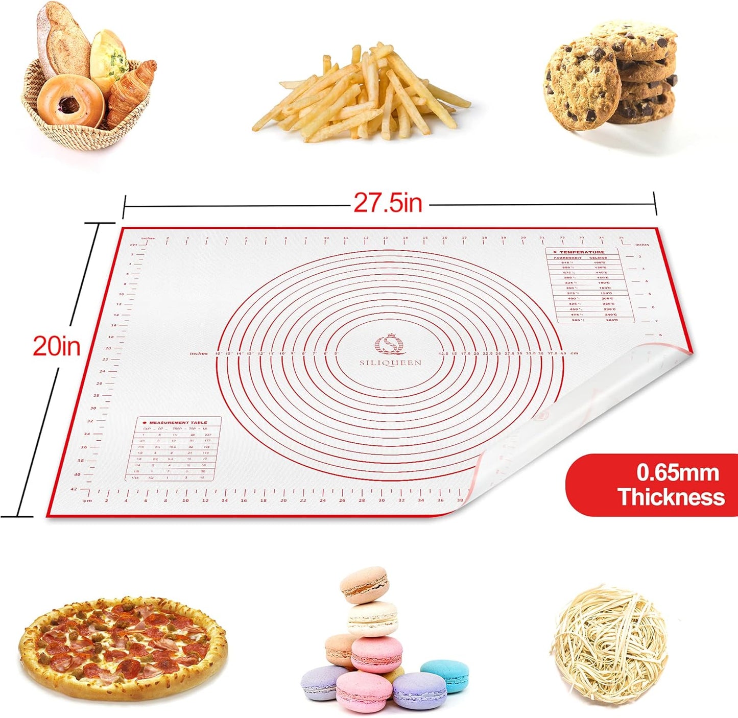 Silicone Pastry Baking Mat with Measurements Extra a Brush and a Dough Scraper- 27.5” x 20” Heat Resistant, BPA Free, Non-Stick Non-Slip Pastry Mat for Rolling Dough, Easy to Clean, Red