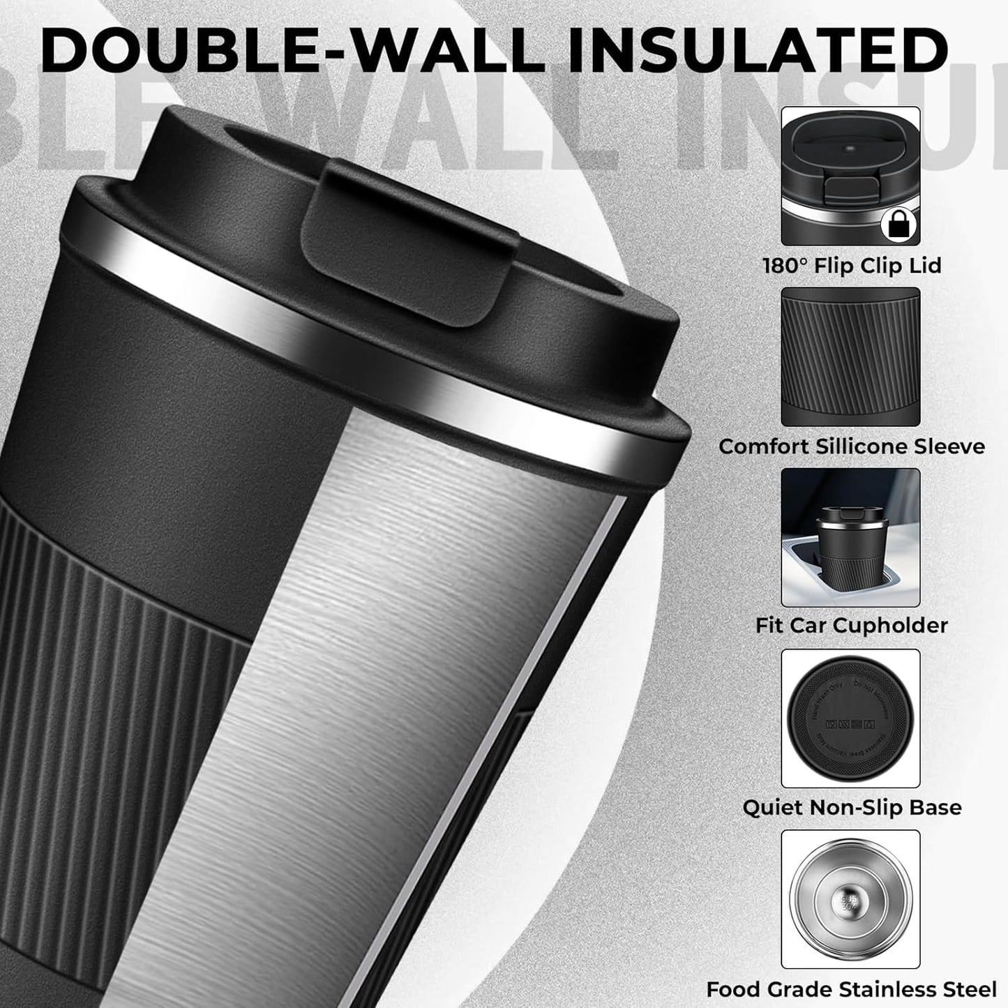 Insulated Coffee Tumbler 12 oz, Stainless Steel Coffee Mug with Lids, Travel Coffee Mug Leak Proof, Double Wall Vacuum Insulated Reusable Coffee Cup, Keep Drinks Hot and Cold (Black, 12 Ounces)