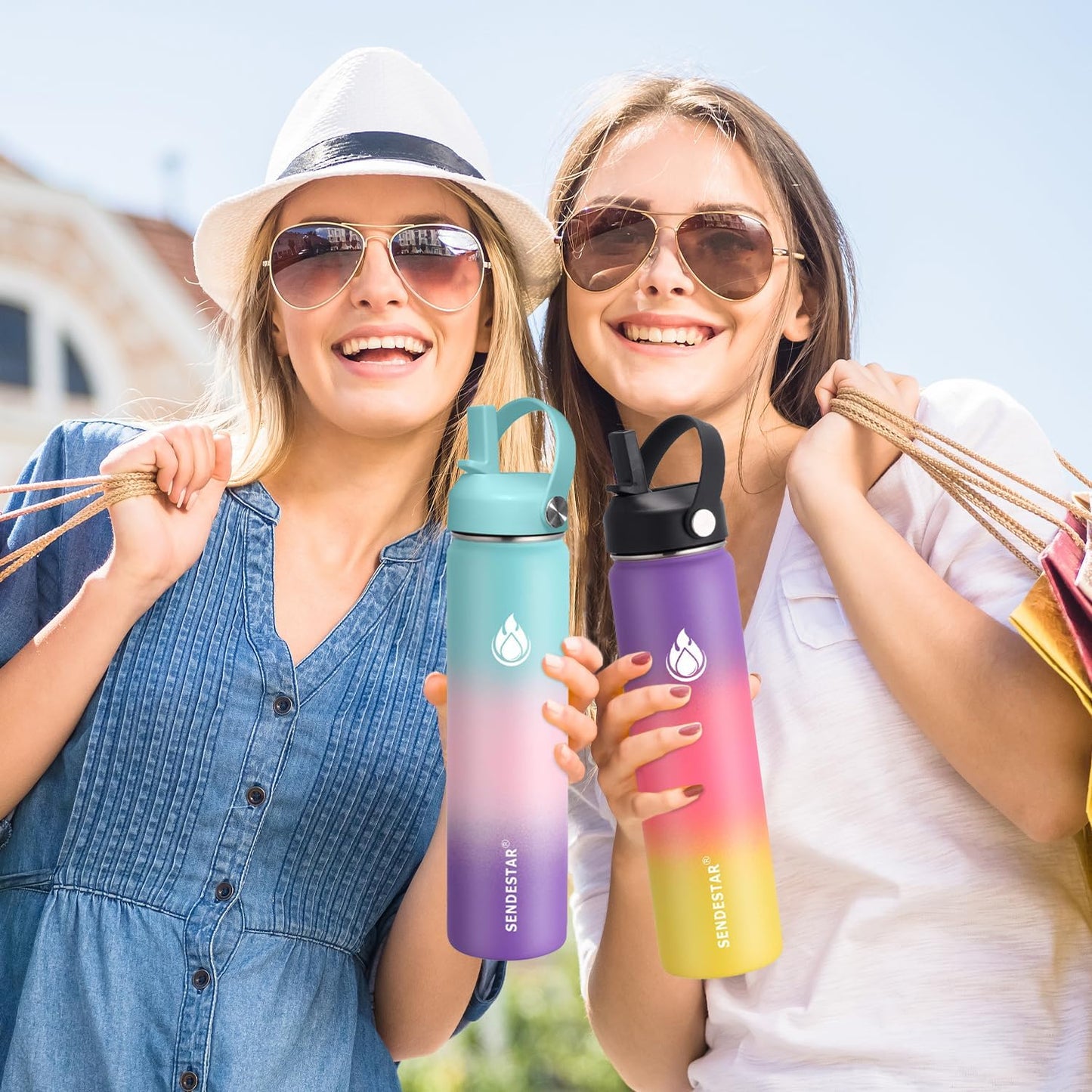 SENDESTAR Water Bottle 32oz Double Wall Vacuum Insulated Leak Proof Stainless Steel Sports Water Bottle—Wide Mouth with New Flex Straw Lid & Spout Lid (Havana)