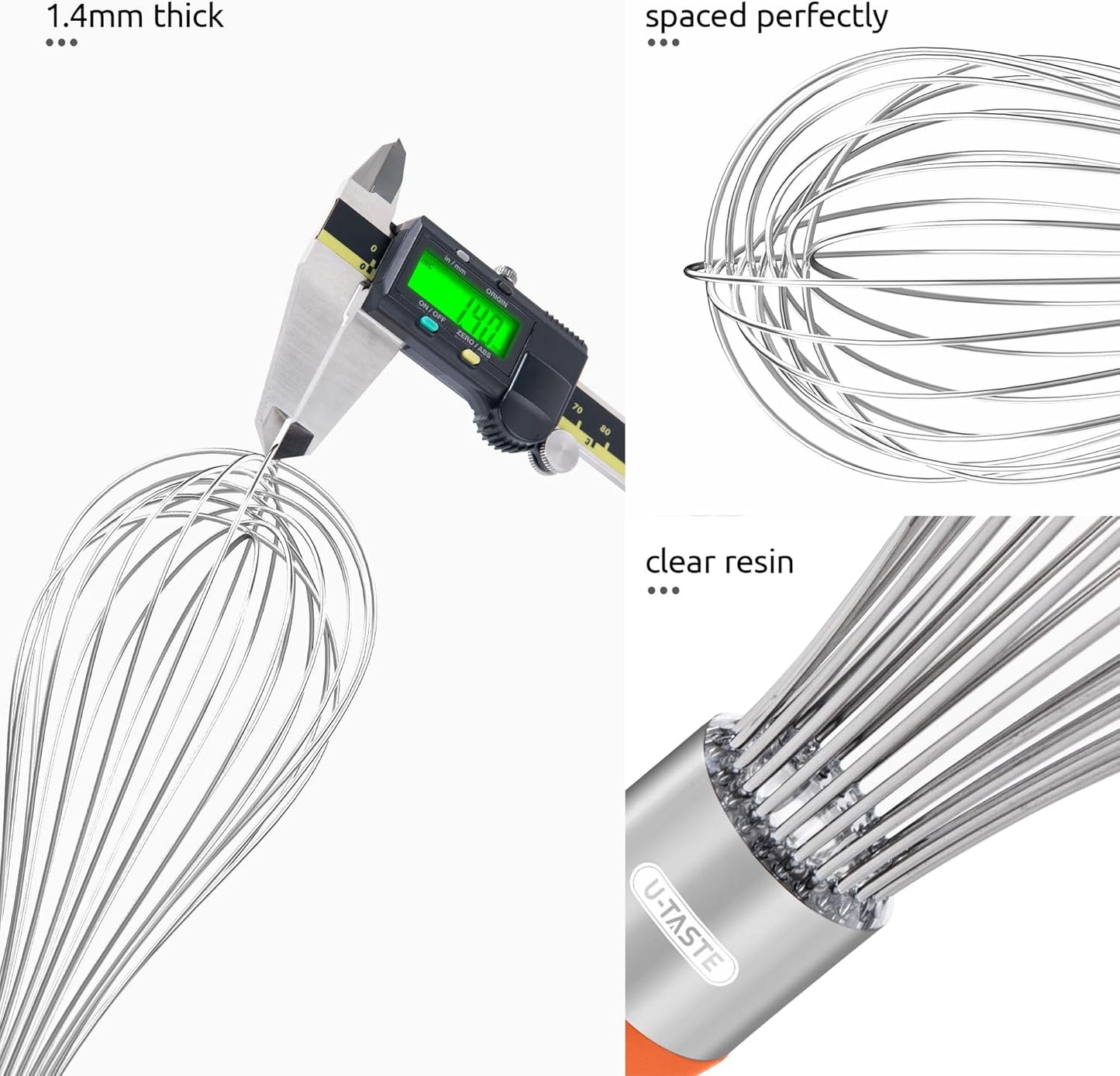 U-Taste Balloon Whisk for Cooking: 18/10 Stainless Steel Kitchen Wire Whisk, 12in Large Heavy Duty Egg Beater, Manual Mixing Tool with 12 High Flex Wires for Stirring, Blending Sauce (Orange)