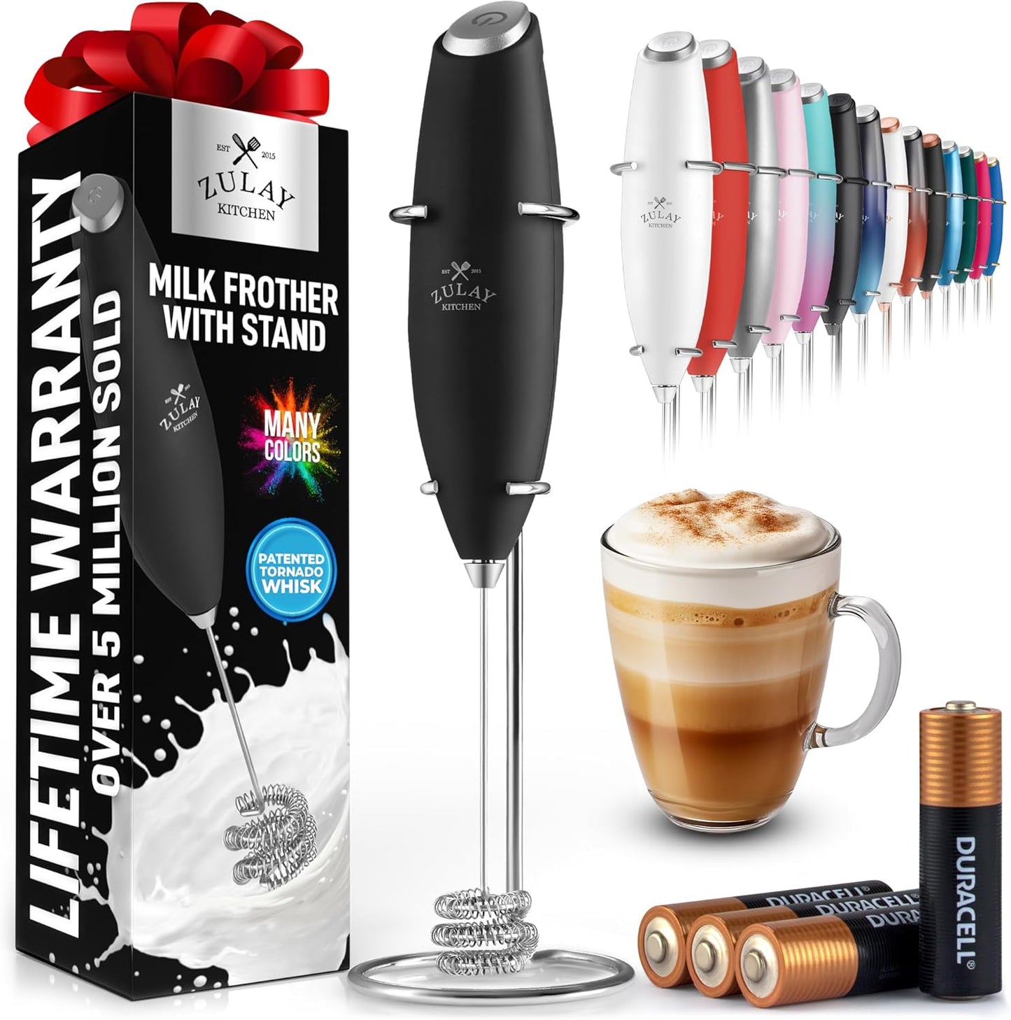 Zulay Kitchen Patented Tornado Triple Whisk Milk Frother with 4 Duracell Batteries – Handheld Foam Maker for Coffee, Lattes, Matcha & Hot Chocolate – Rich, Creamy Froth in Seconds