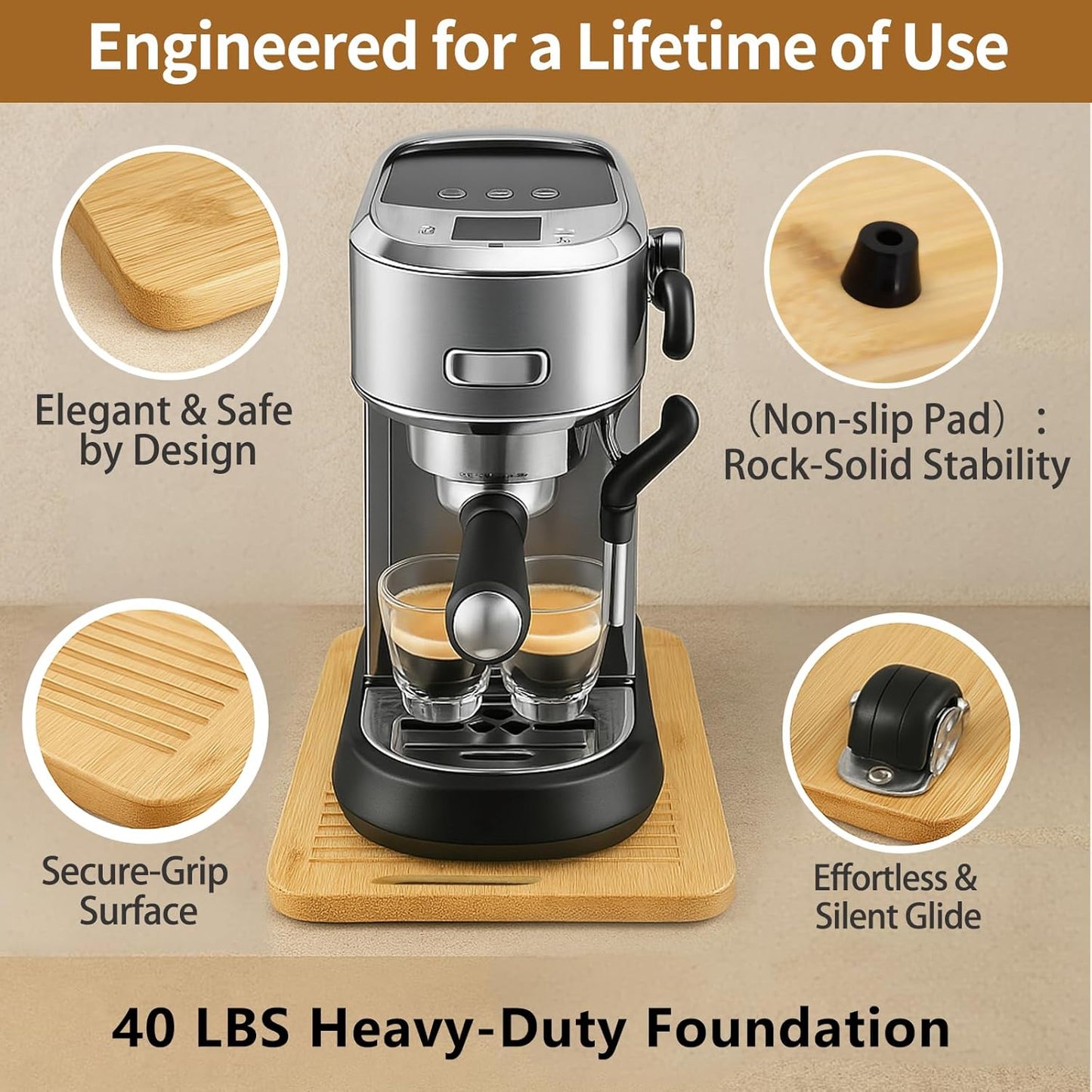 Bamboo Appliance Slider|13"D x 16"W Sliding Tray for Coffee Maker on Countertop|Heavy-Duty Coffee Pot Slider Tray & Kitchen Caddy for KitchenAid Mixer, Air Fryer