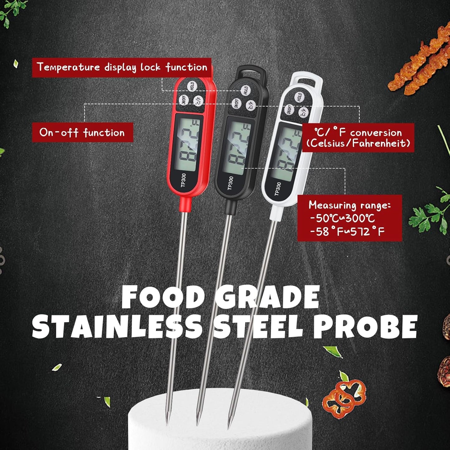 Waterproof Food Thermometer with Long Probe Digital Meat Thermometer for Water, Liquid, Candle and Cooking Instant Read for Kitchen BBQ Grill Candy(Black,White,Red)