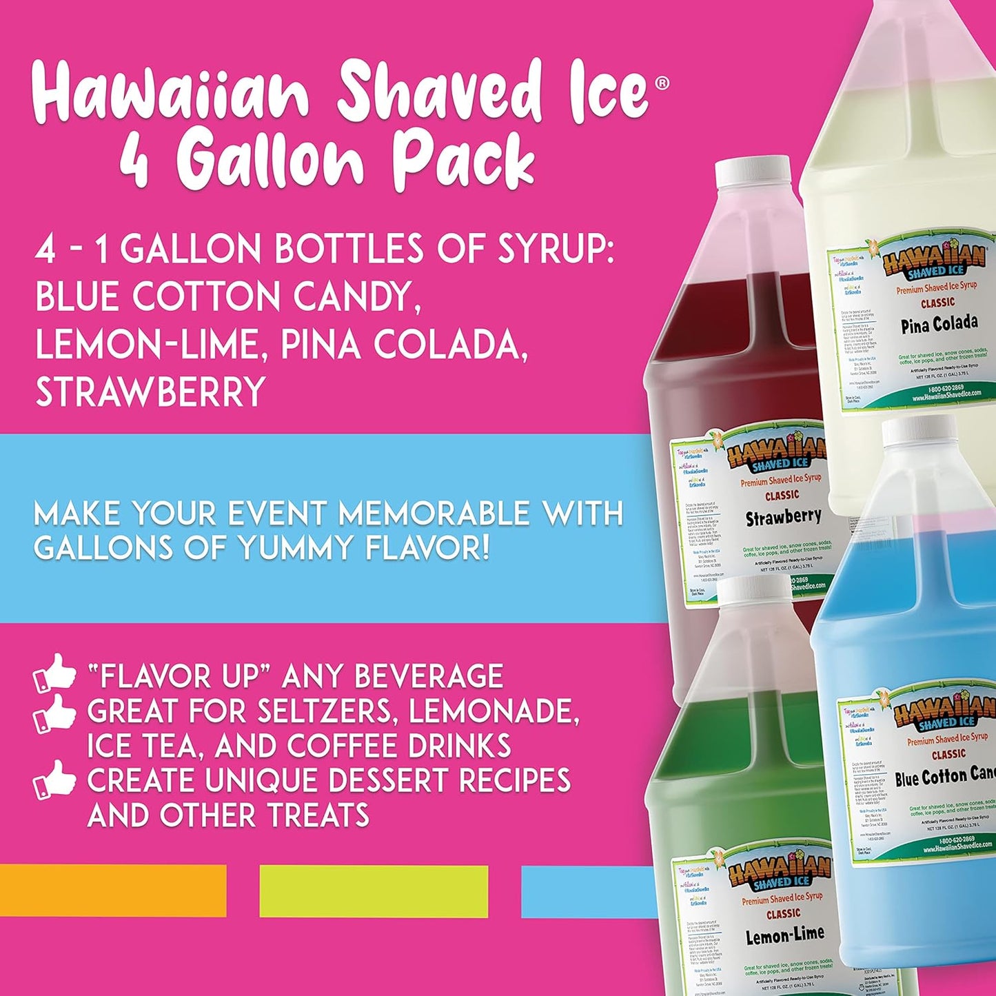 Hawaiian Shaved Ice Syrup Gallon 4-pack, Blue Cotton Candy, Strawberry, Pina Colada, Lemon-Lime, for Slushies, Italian Soda, Seltzers, Popsicles, & More, No Refrigeration Needed, Allergy-friendly