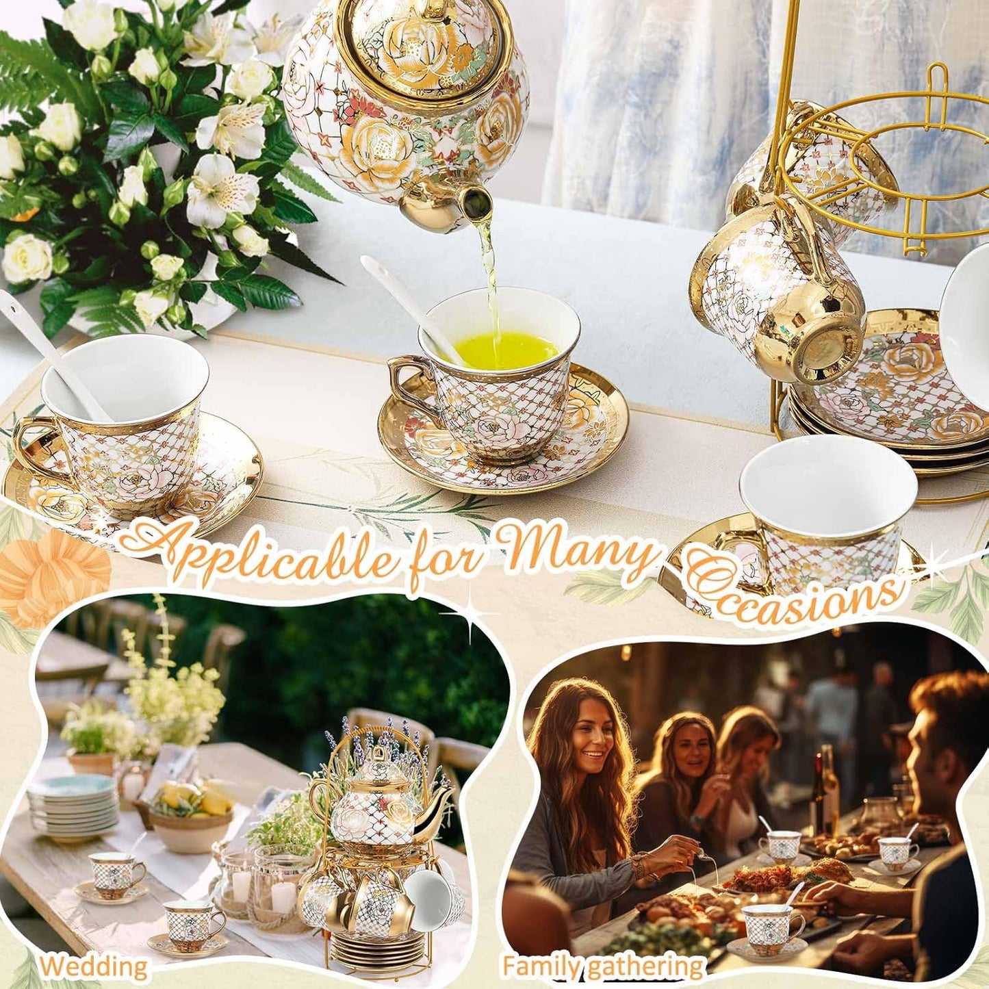 Zhehao 20 Pcs Porcelain Tea Set with Metal Holder and Spoon Adult Ceramic Tea Party Set European Flower Painting Teapot Cup Saucer Spoon Set for Women, Large Version(Delicate Style)