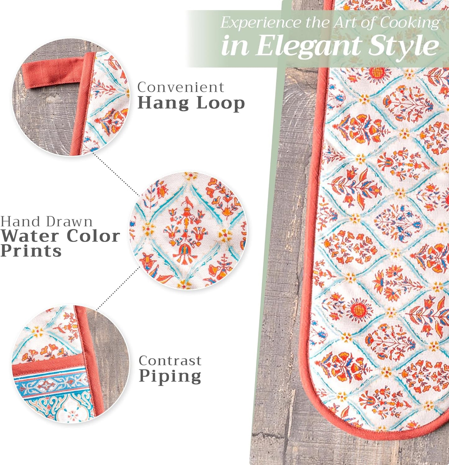 Maison d' Hermine Double Oven Mitts 100% Cotton 7"x35" Double Oven Mitt Heat Resistant BBQ Cooking Gloves with Loop, Baking, Grilling, Home, Kitchen, Handling Hot Pans (Romane)