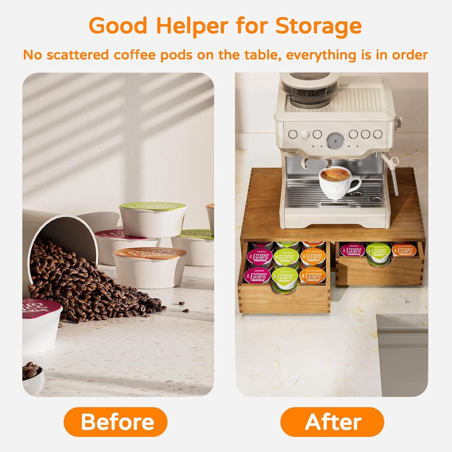 Pine Wood K Cup Organizer, Coffee Pod Storage Box for Counter, Coffee Pods and Tea Organizer Holder, K Pod Drawer Coffee Maker Machine Stand for Kitchen Office Coffee Bar (30 Pods Capacity, Walnut)