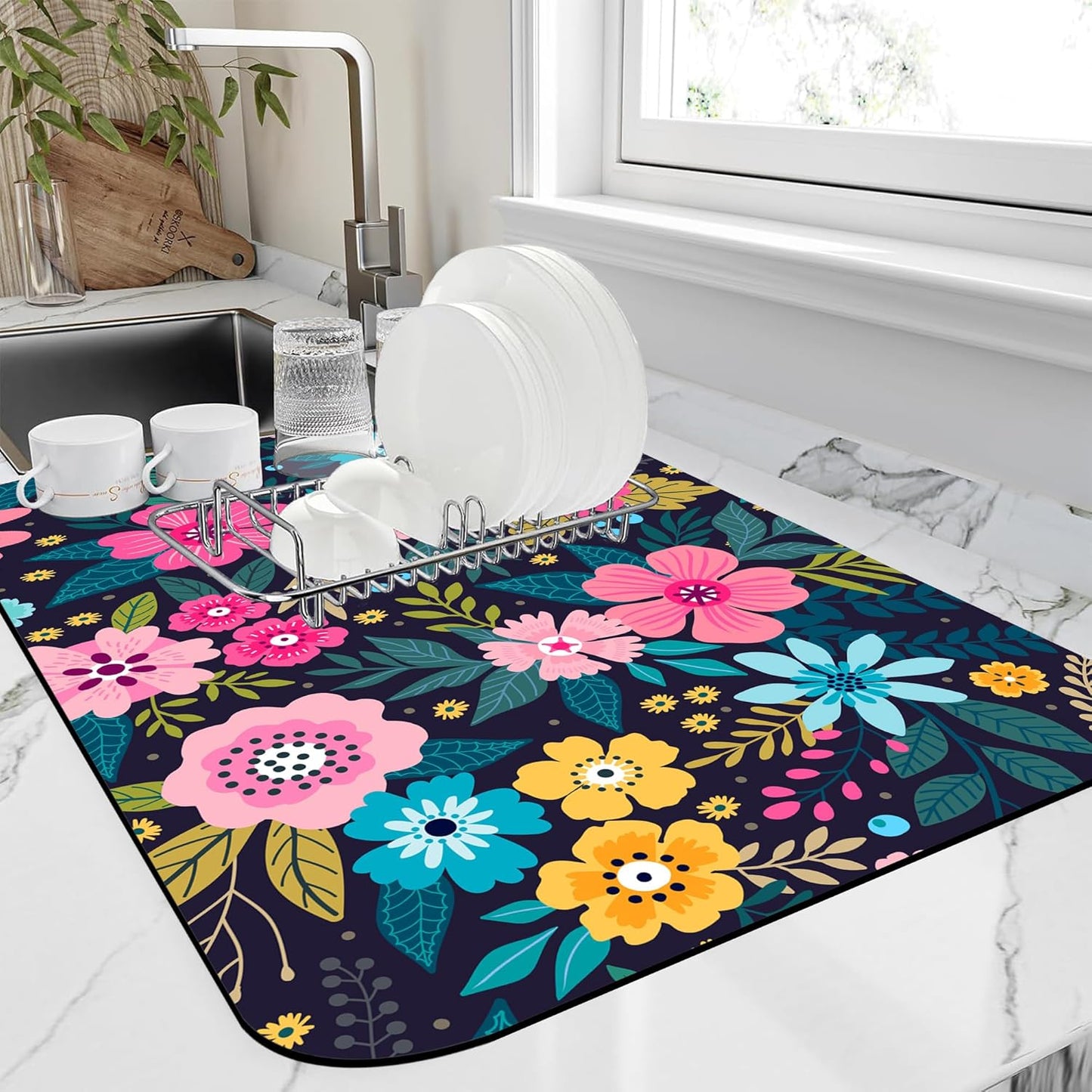 Dish Drying Mat Bright Colorful Flowers Leaves Coffee Mat,12"X19" Bsorbent Dish Drying Pad for Sink Dishes or Under Rack Kitchen Counter Accessories Absorbent Hide Backed Drying Mat
