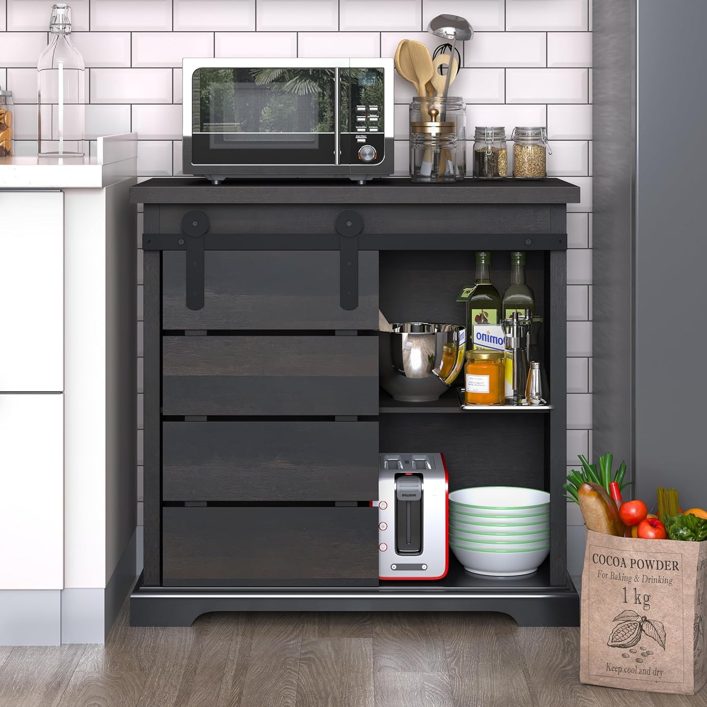 NSdirect Sideboard Coffee Bar Cabinet,Modern Farmhouse Buffet Station Sliding Barn Door Storage Credenza Console with Slat and Shelf Entryway Storage Cabinet Kitchen Dining Living Room, Brown