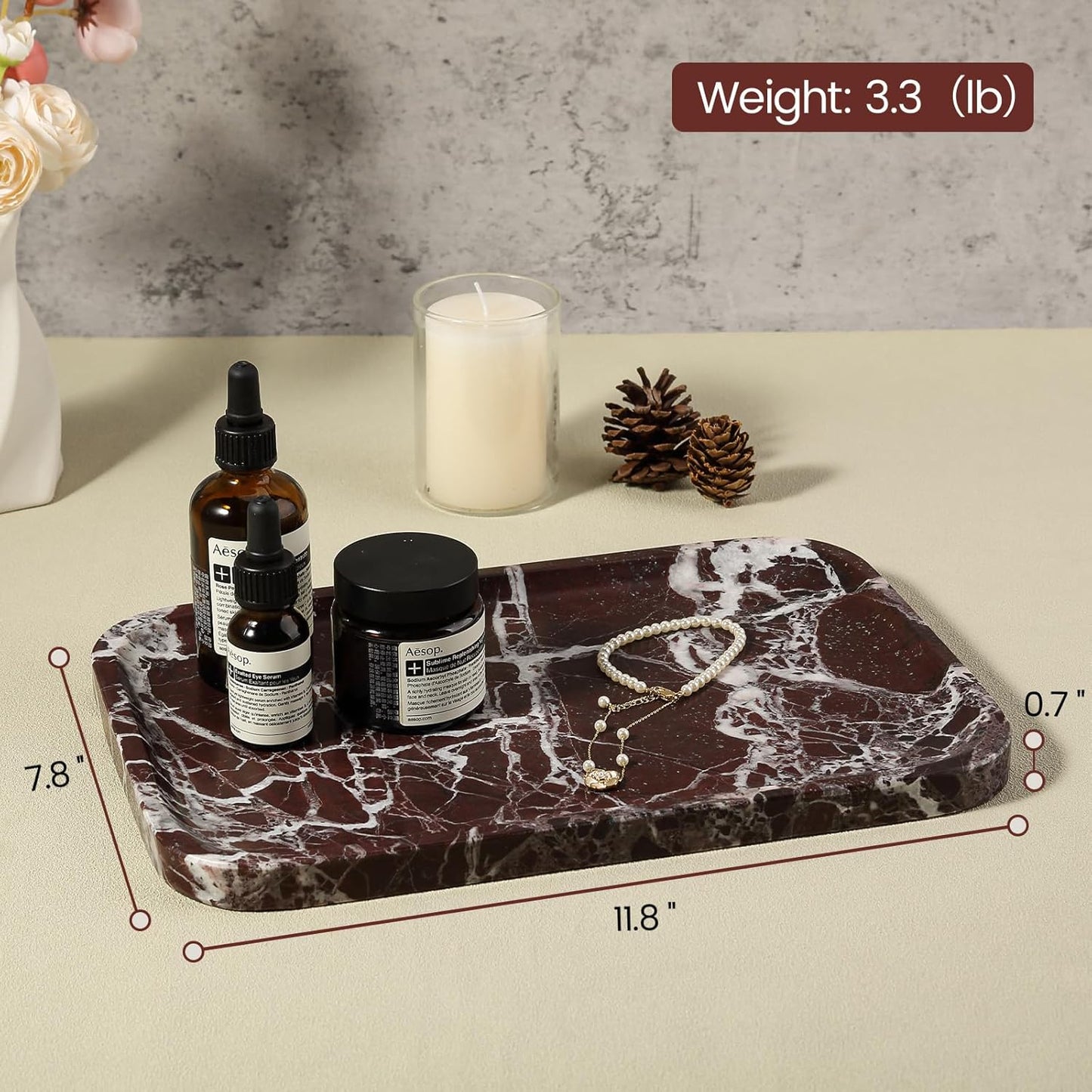 Marble Vanity Tray, 11.8in Stone Bathroom Tray for Countertop, Red Decorative Tray for Dresser Organizer, Luxury Serving Tray for Kitchen, Storage Dish for Kitchen Sink, Perfume, Jewelry Holder