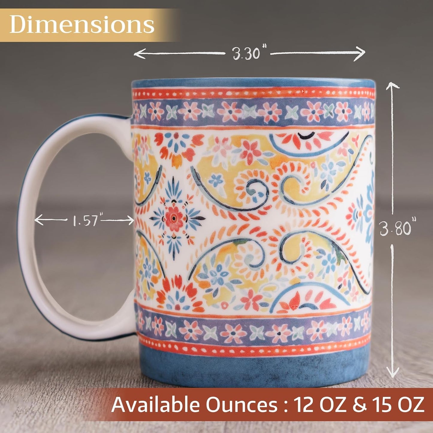 Maison d' Hermine Coffee Mug with Handles Fine Bone China Mugs Pack of Two Tea Cups for Hot Beverages Cappuccino Latte Home Restaurant Office Perfect for Gift (Indian Floral, 15 Ounce)
