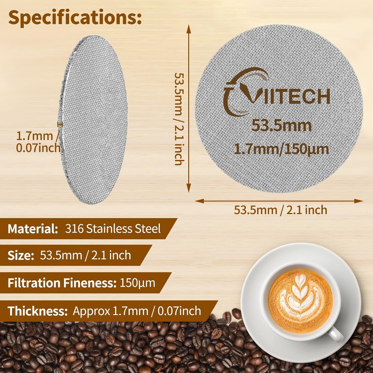 2 PCS Espresso Puck Screen, Espresso Filter Screen for 53.5mm Portafilter, Reusable 1.7mm Thickness 150μm, 316 Stainless Steel Coffee Filter Replacement, Coffee Puck Filter for Espresso Machine