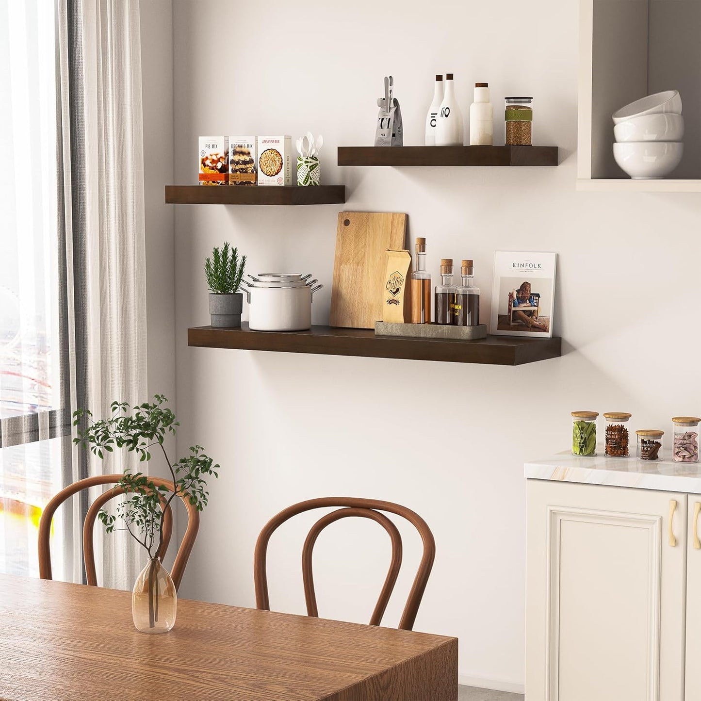 Vivelove Solid Wood Rustic Floating Shelves 36 Inch Long, 8 inch Deep Floating Wall Shelves for Living Room Kitchen Bedroom Bathroom Office, Farmhouse Home Decor, 1 Pack, Dark Walnut, Pine Wood