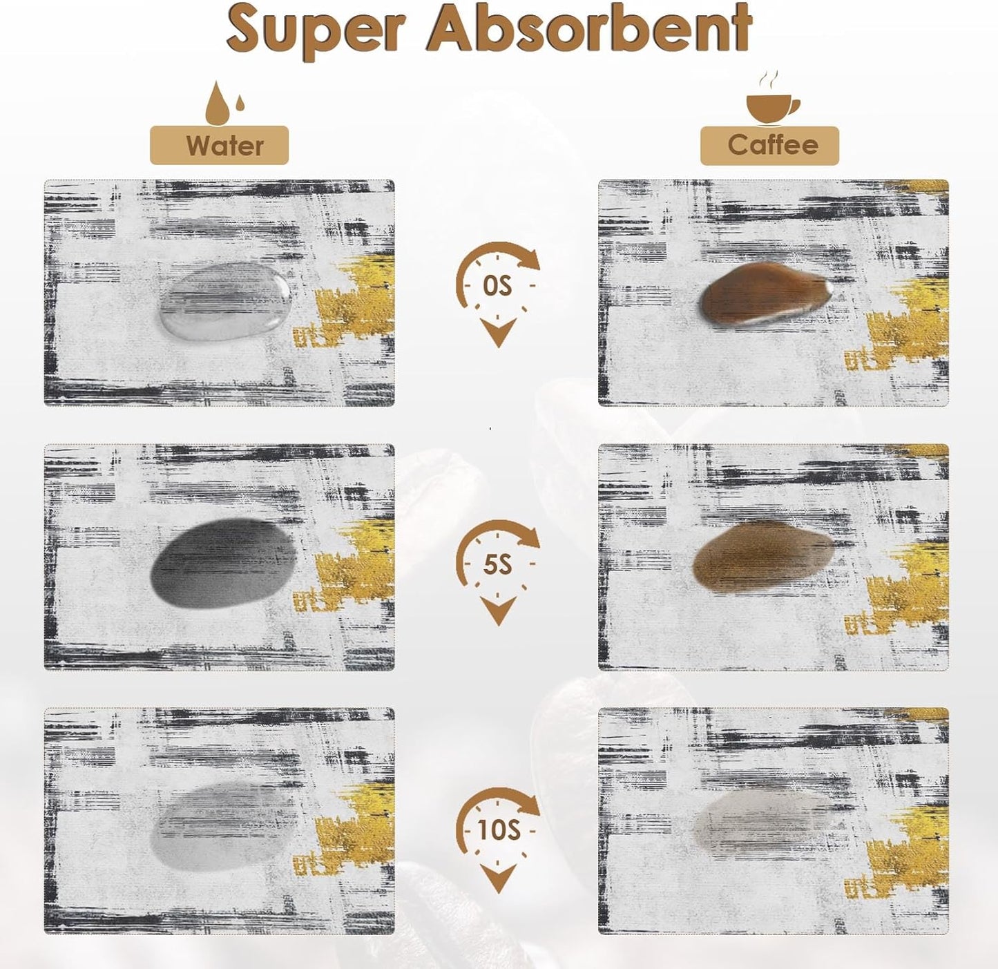 Arttown Coffee Mat for Countertops, Abstract Black Golden Minimalism Grey Dish Drying Mat 2 Pcs for Kitchen Bar Accessories, Coffee Maker Espresso Machine Dish Rack Hide Stain Rubber 12x19in