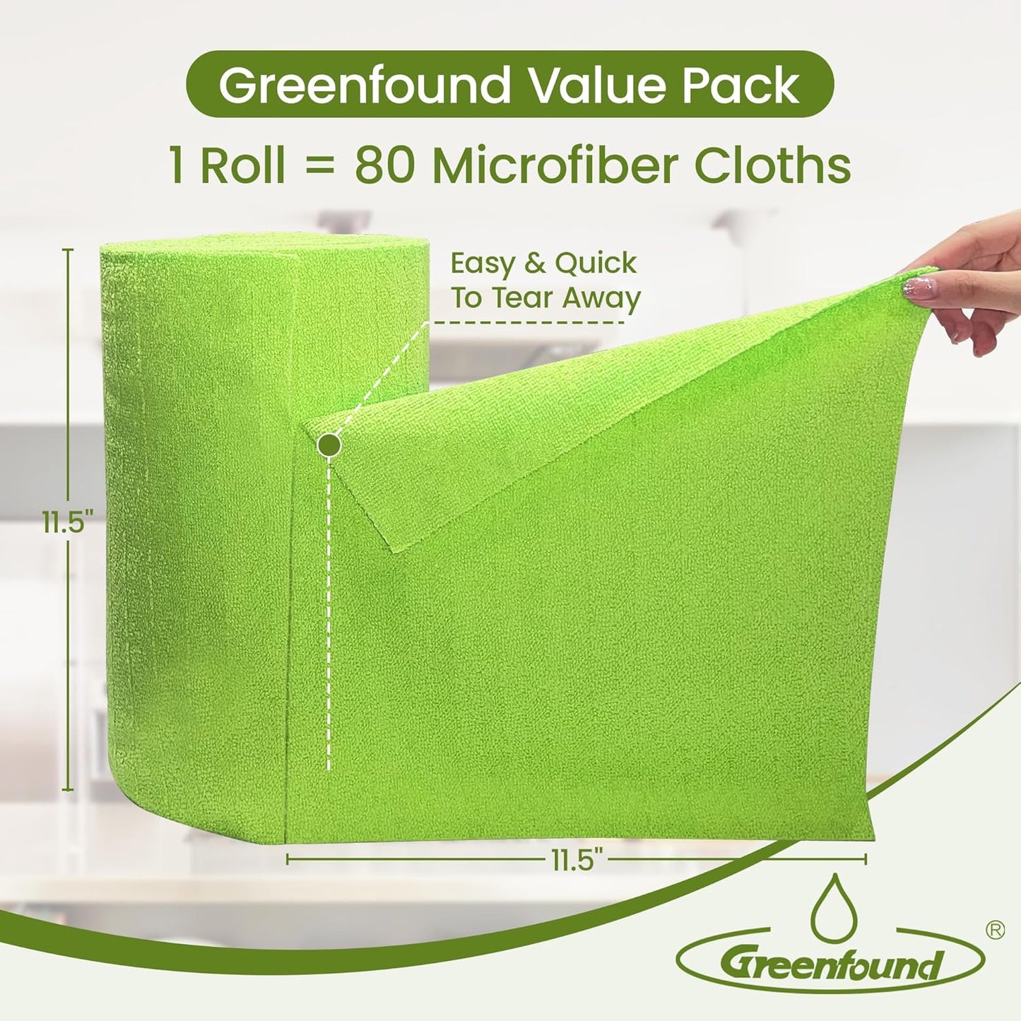 Greenfound Microfiber Cleaning Cloth Roll -80 Pack,Tear Away Microfiber Towels for Car,Reusable Paper Towels Washable,Absorbent,Lint Free Cleaning Rags for House,Kitchen,Window-11.5"×11.5"(Wave Green)