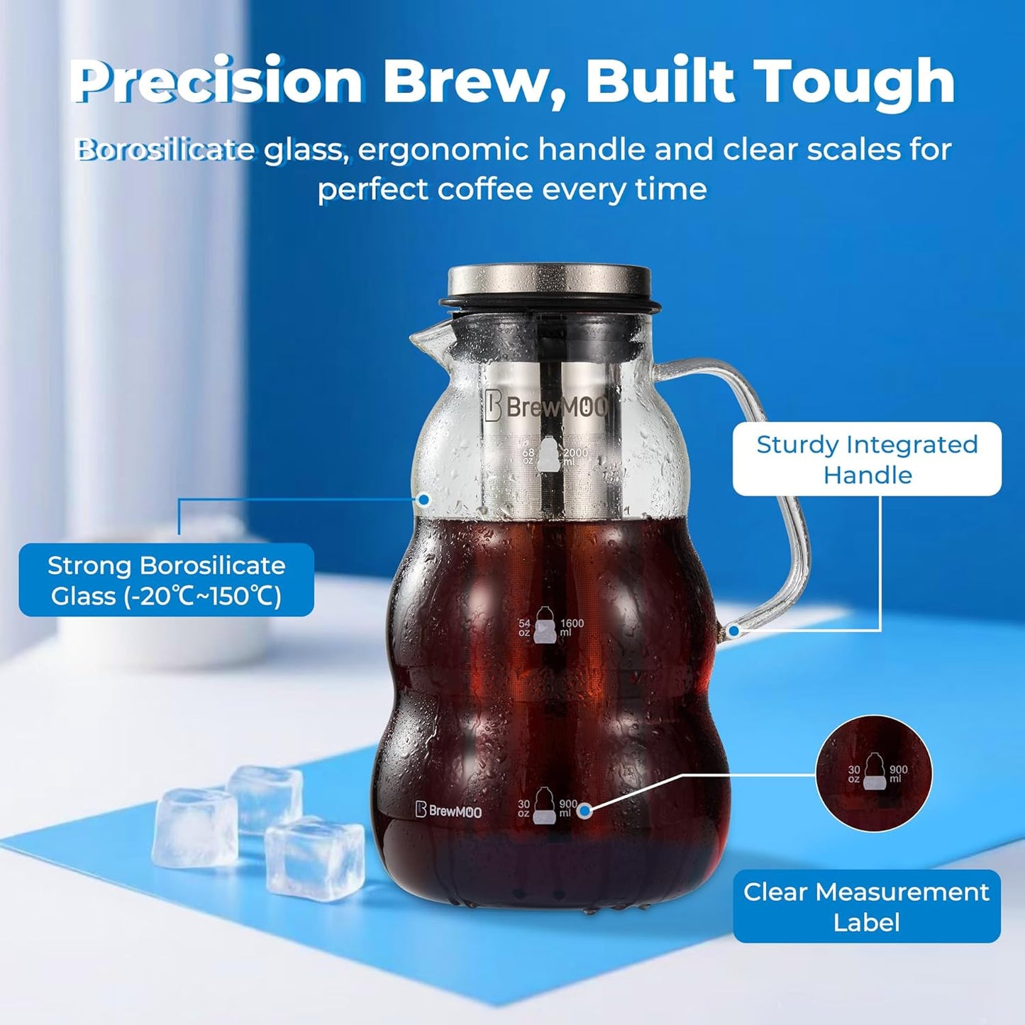 Cold Brew Coffee Pitcher (2.0L/68oz) - Elegant Sleek Wave Borosilicate Glass Pitcher with 100um 304 Stainless Steel Filter & Airtight Lid, Efforless Mannual for Beginner, Sophisticated Gift